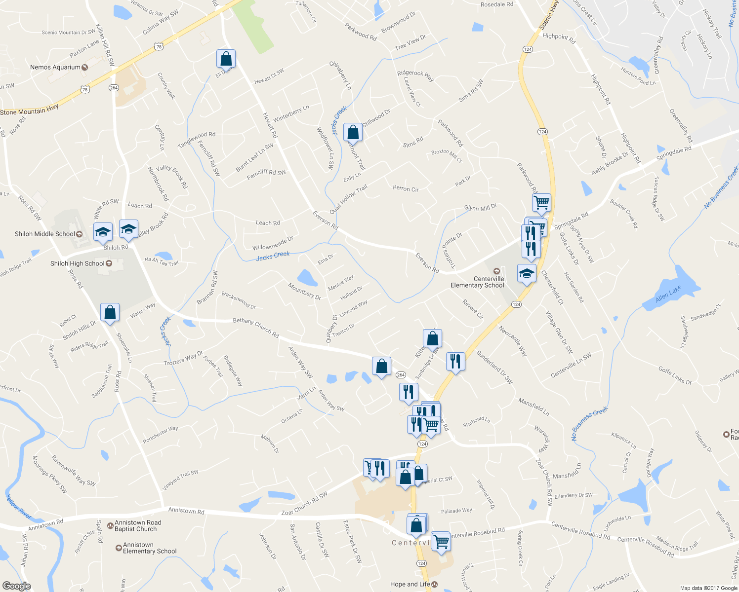map of restaurants, bars, coffee shops, grocery stores, and more near 3725 Linwood Way in Snellville