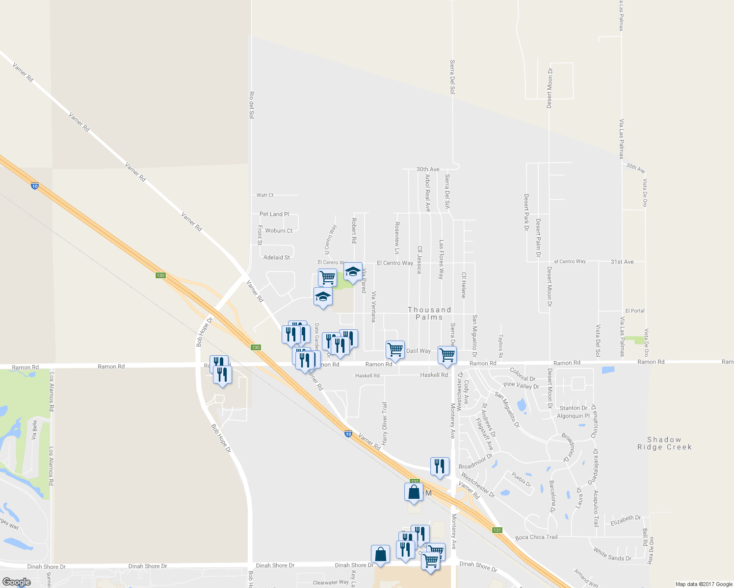 map of restaurants, bars, coffee shops, grocery stores, and more near 31320 Vía Pared in Thousand Palms