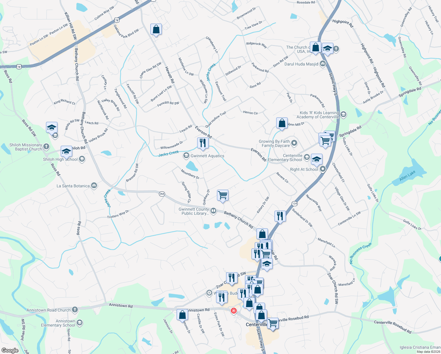 map of restaurants, bars, coffee shops, grocery stores, and more near 3762 Holland Dr in Snellville