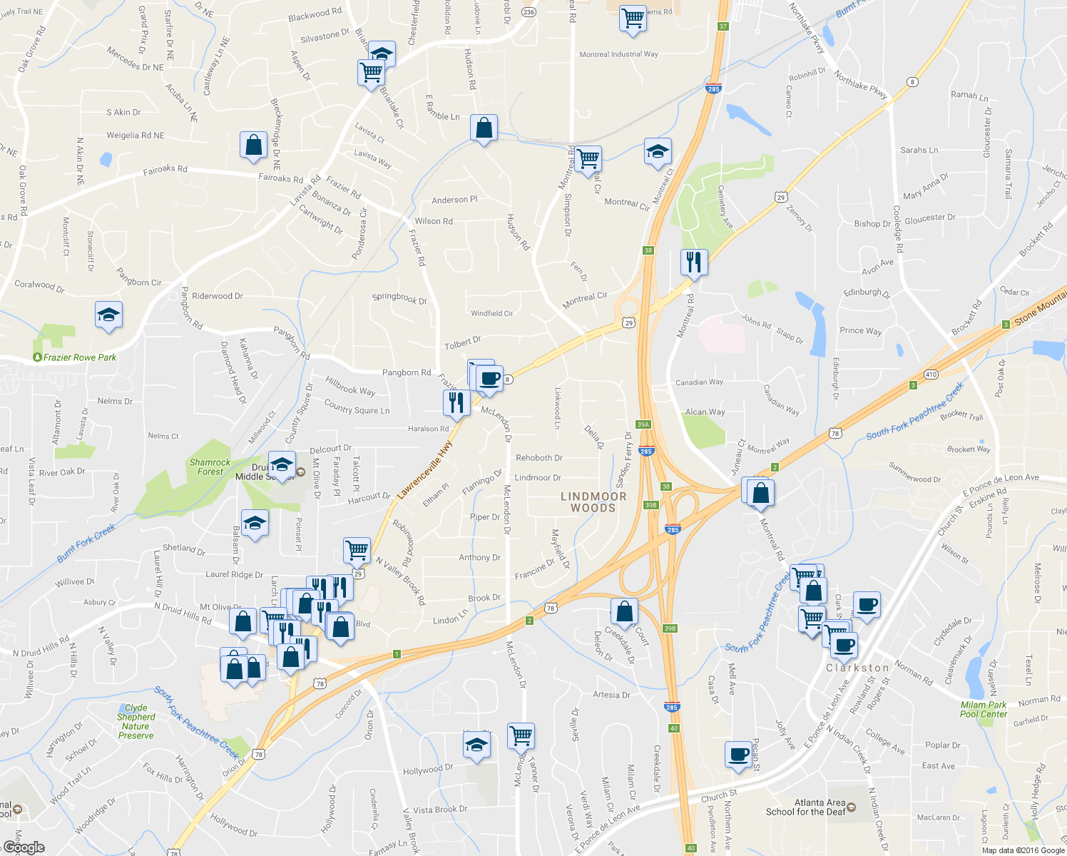 map of restaurants, bars, coffee shops, grocery stores, and more near 3176 Gablewood Court in Decatur