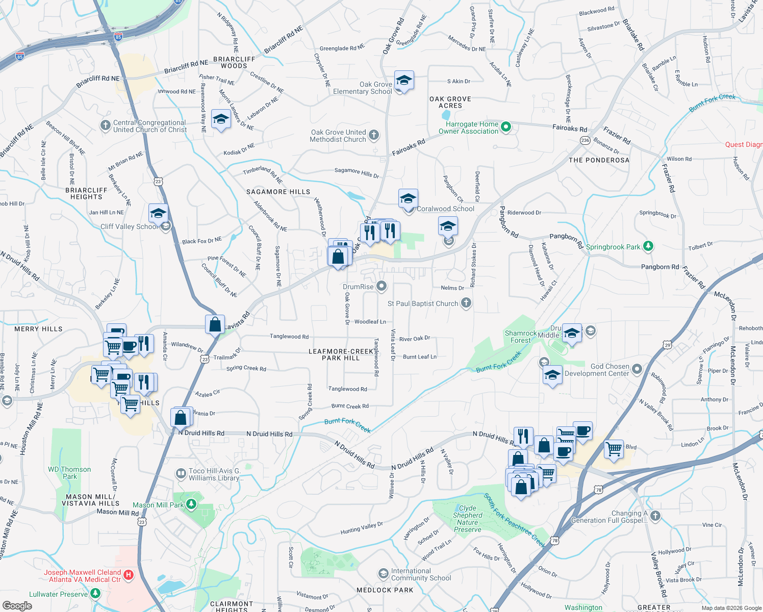 map of restaurants, bars, coffee shops, grocery stores, and more near 1498 Montevallo Circle in Decatur