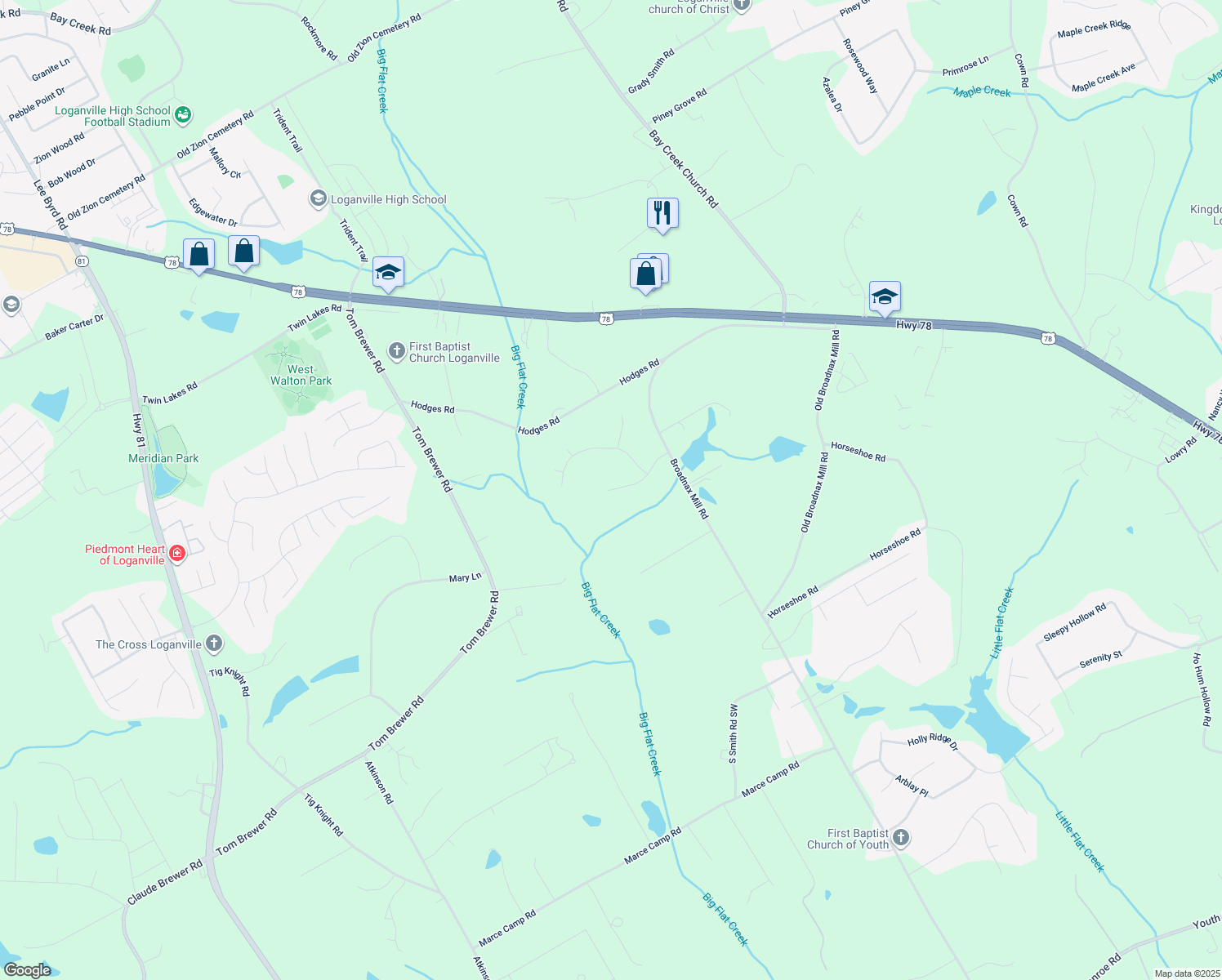 map of restaurants, bars, coffee shops, grocery stores, and more near 3135 Castlewood Drive in Loganville