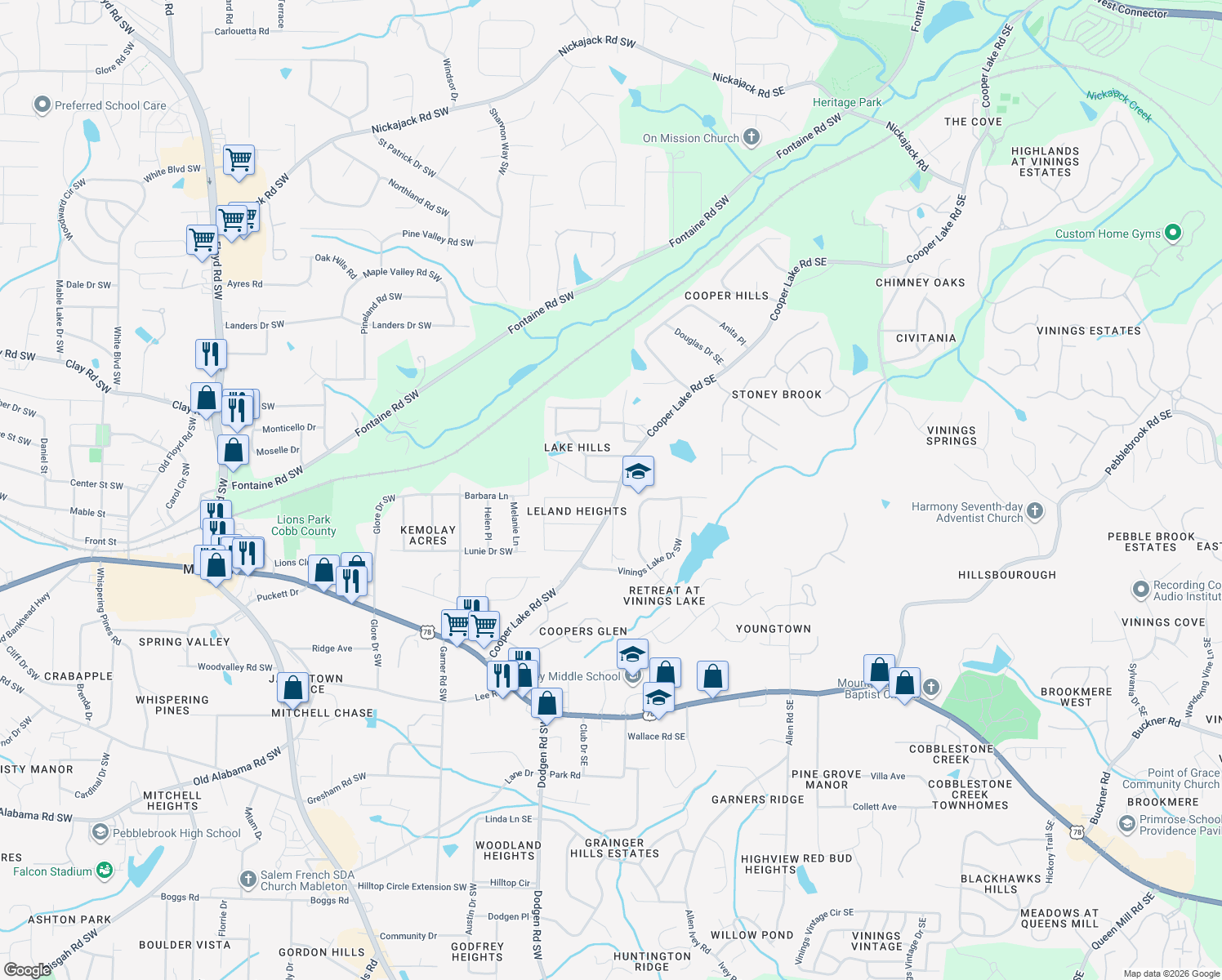 map of restaurants, bars, coffee shops, grocery stores, and more near 32 Strickland Dr SW in Mableton