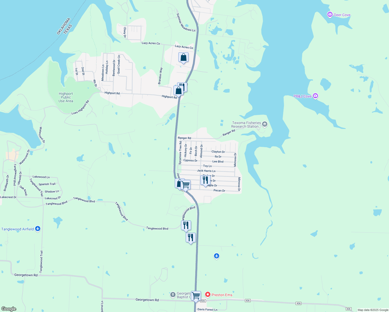 map of restaurants, bars, coffee shops, grocery stores, and more near 145 Birch Dr in Pottsboro