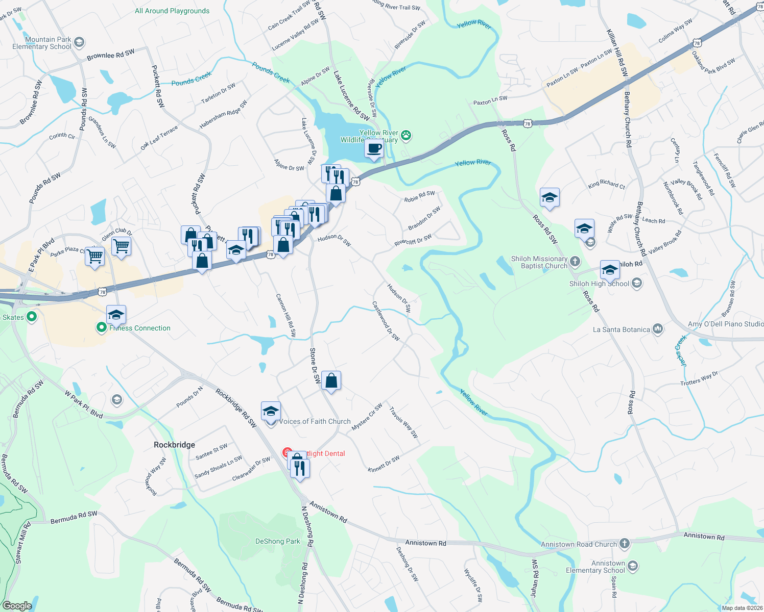 map of restaurants, bars, coffee shops, grocery stores, and more near 4772 Castlewood Drive Southwest in Lilburn
