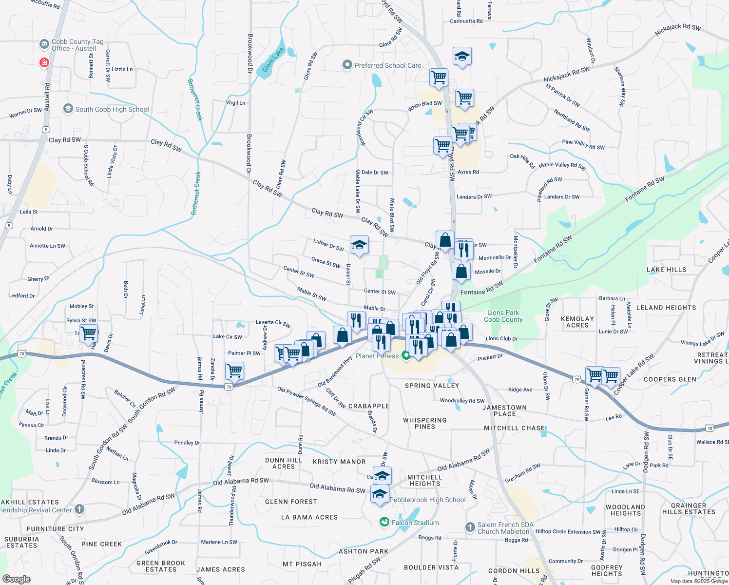 map of restaurants, bars, coffee shops, grocery stores, and more near 5412 Peak Street in Mableton