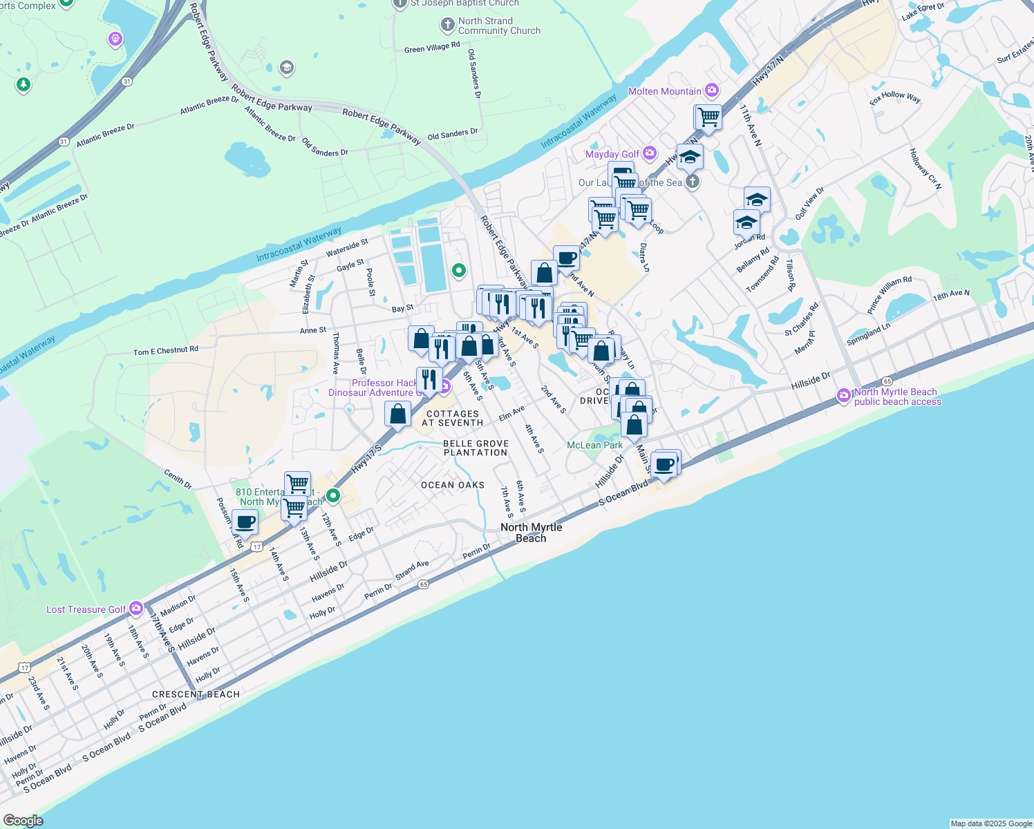 map of restaurants, bars, coffee shops, grocery stores, and more near 509 4th Avenue South in North Myrtle Beach