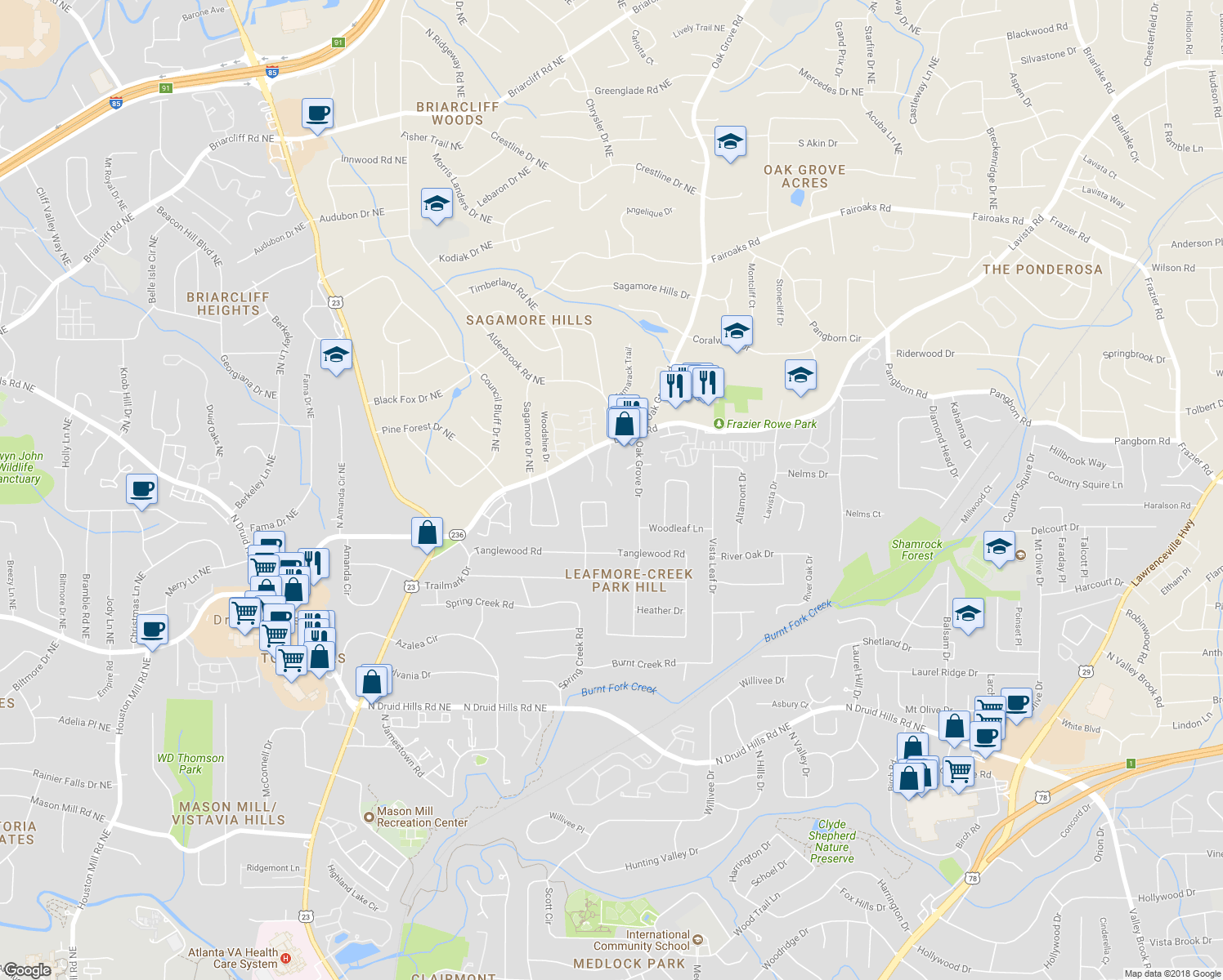 map of restaurants, bars, coffee shops, grocery stores, and more near 1428 Cambridge Common in Decatur