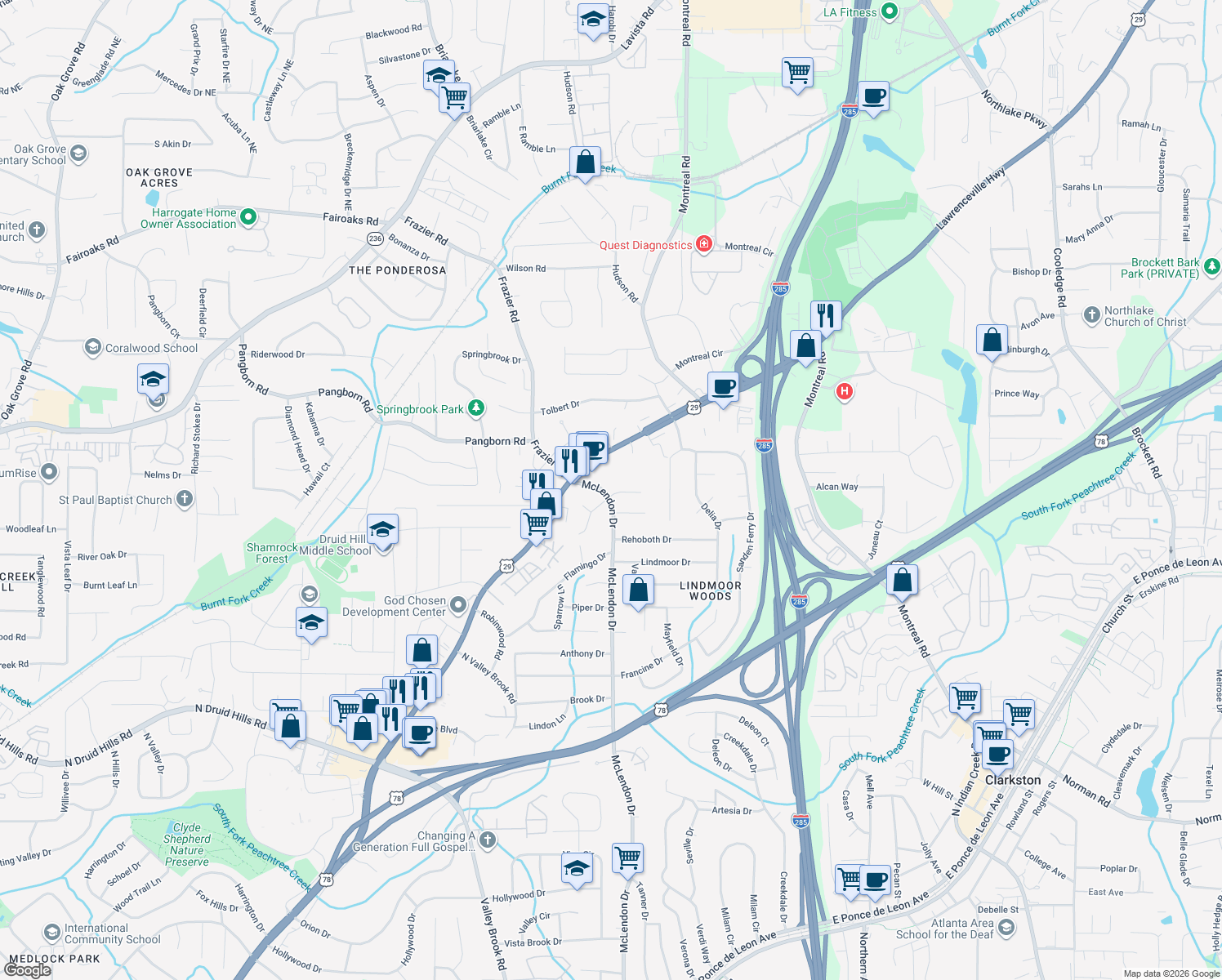 map of restaurants, bars, coffee shops, grocery stores, and more near 3144 Caintal Ct in Decatur