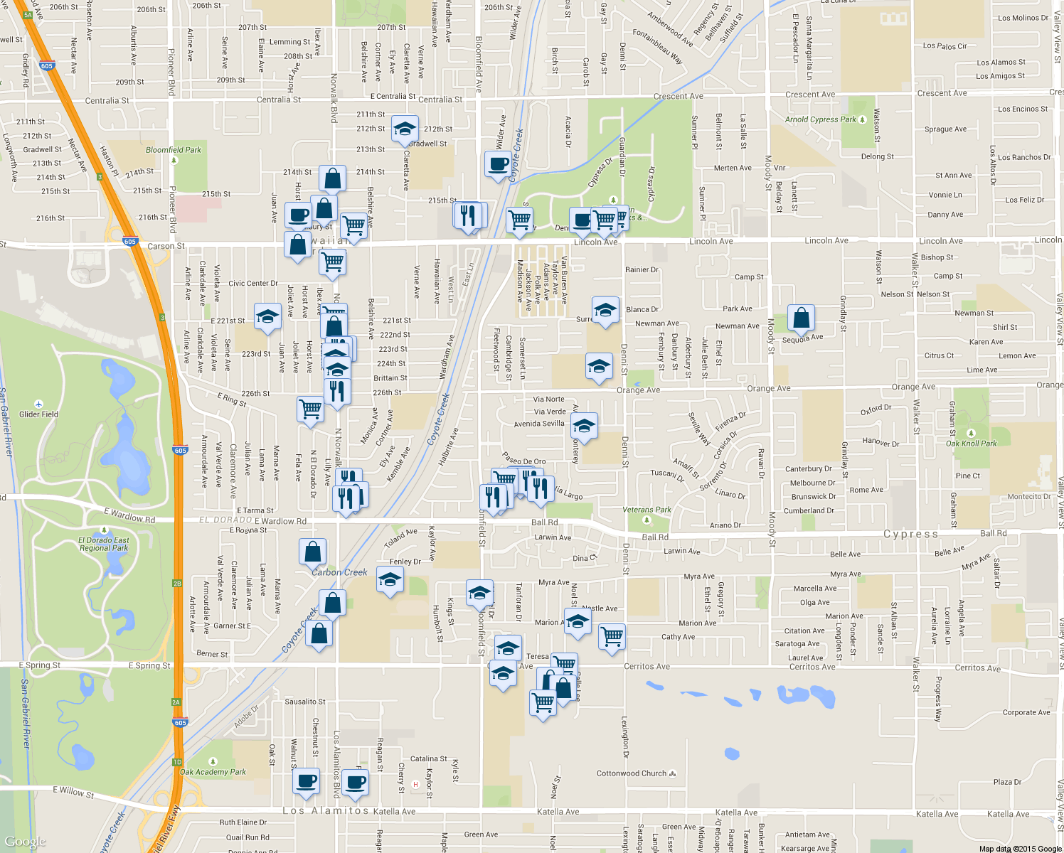 map of restaurants, bars, coffee shops, grocery stores, and more near 4200 Avenida Sevilla in Cypress