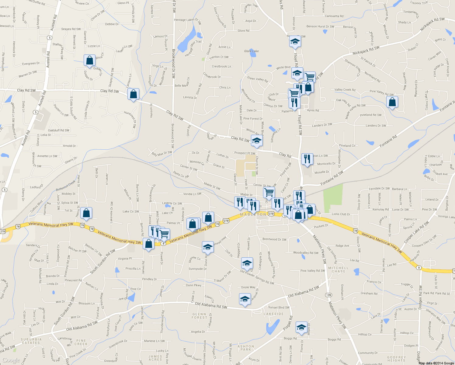 map of restaurants, bars, coffee shops, grocery stores, and more near 1091 Center Street Southwest in Mableton