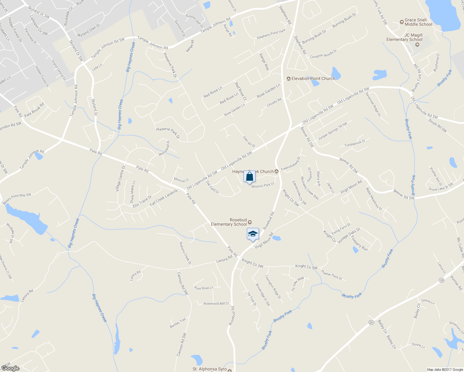 map of restaurants, bars, coffee shops, grocery stores, and more near 1785 Logan Ridge Circle in Loganville