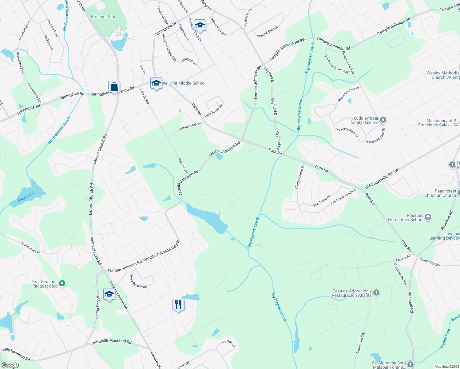 map of restaurants, bars, coffee shops, grocery stores, and more near 3600 Millers Pond Way Southwest in Snellville