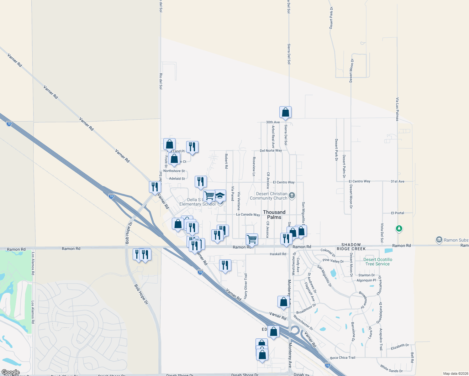 map of restaurants, bars, coffee shops, grocery stores, and more near 31112 Vía Pared in Thousand Palms
