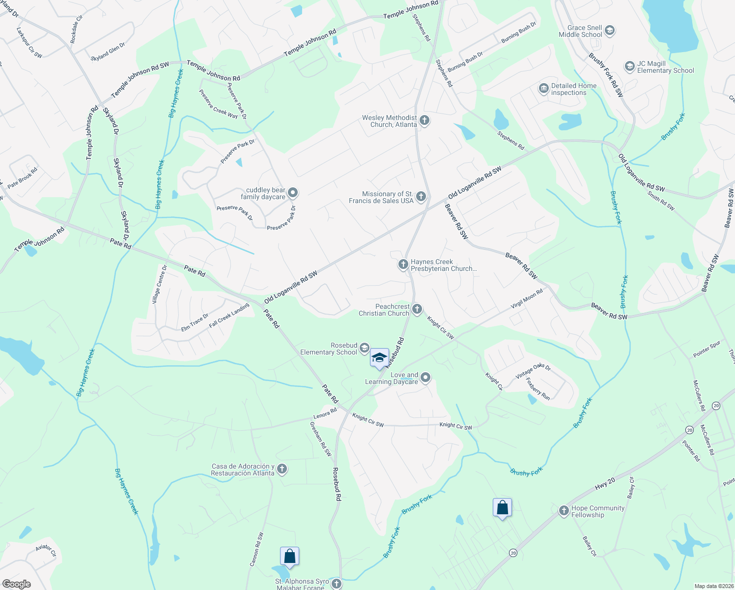 map of restaurants, bars, coffee shops, grocery stores, and more near 1829 Mission Park Court in Loganville