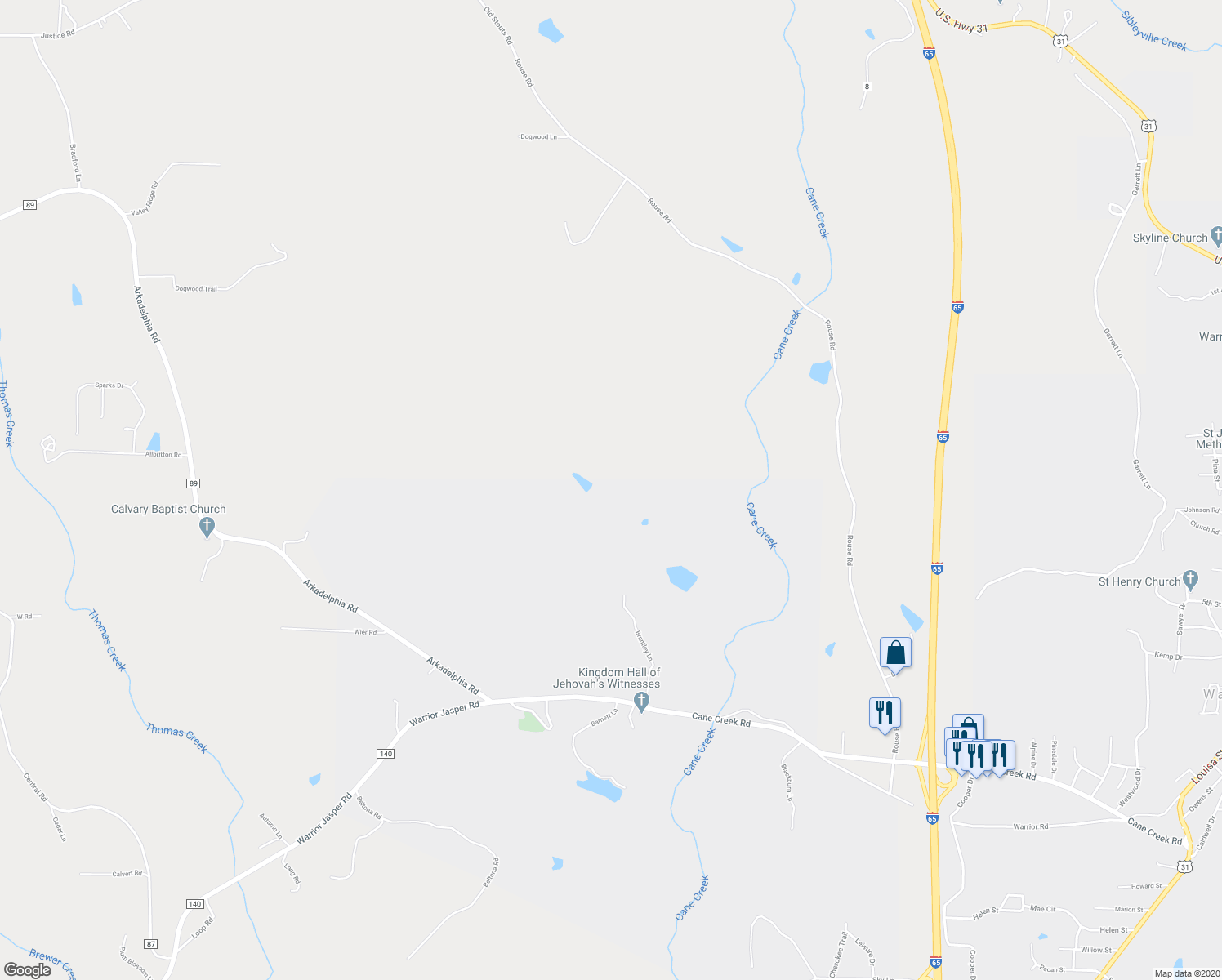 map of restaurants, bars, coffee shops, grocery stores, and more near in Warrior