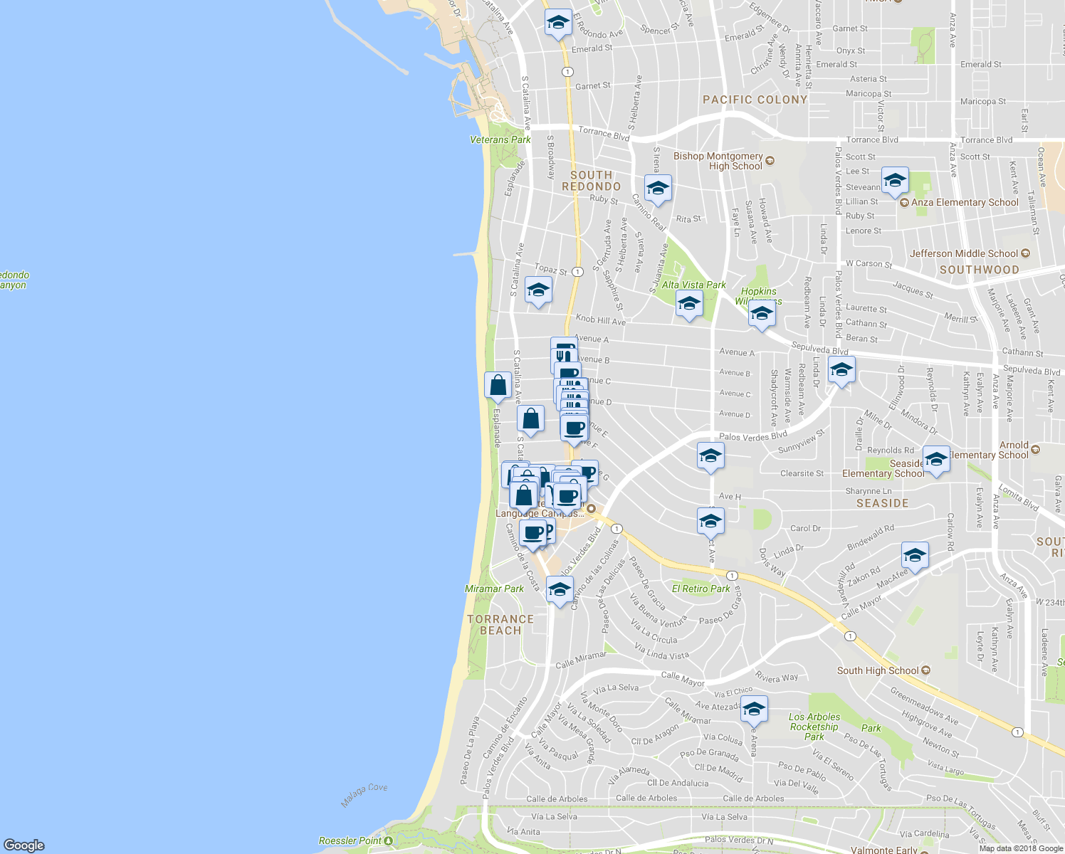 map of restaurants, bars, coffee shops, grocery stores, and more near 204 Avenue E in Redondo Beach