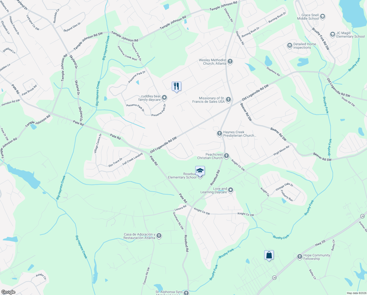 map of restaurants, bars, coffee shops, grocery stores, and more near 1805 Logan Ridge Cir in Loganville