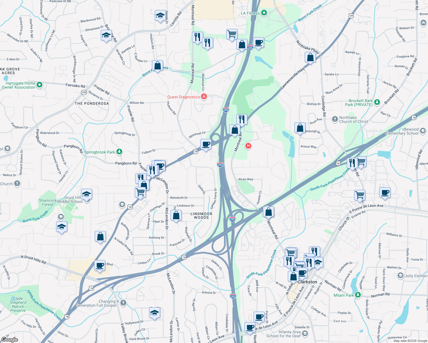 map of restaurants, bars, coffee shops, grocery stores, and more near 1455 Sanden Ferry Dr in Decatur