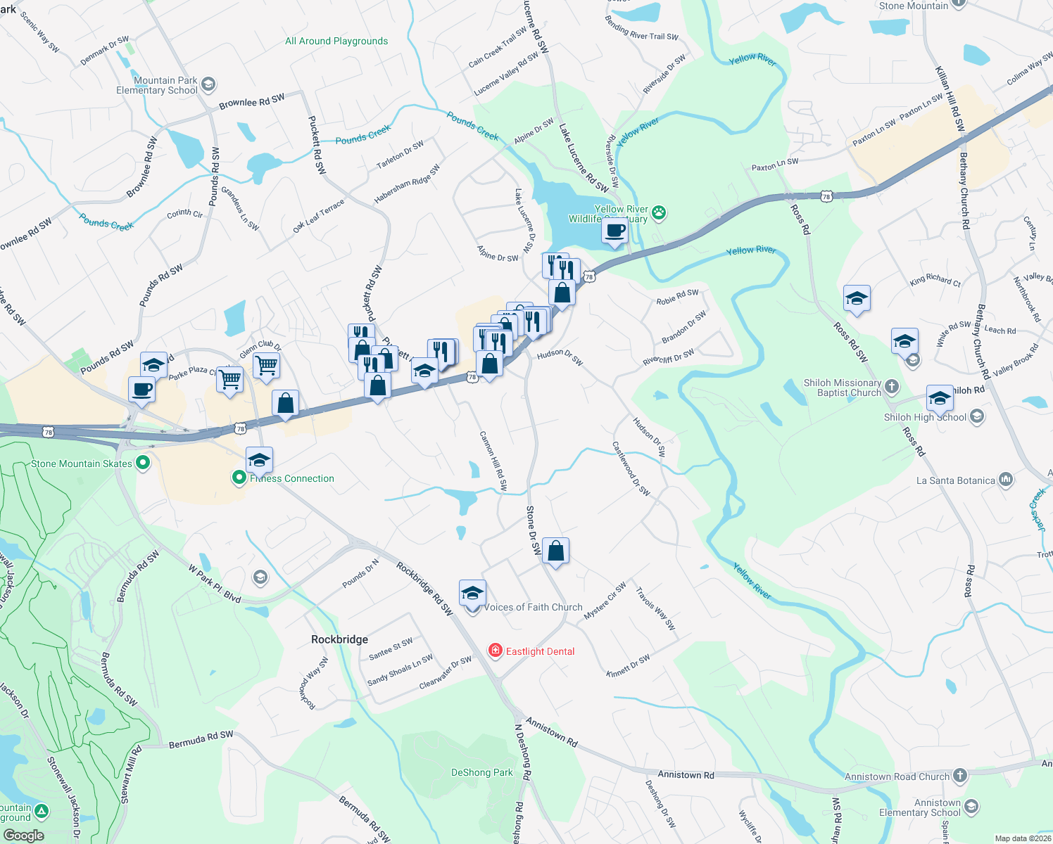 map of restaurants, bars, coffee shops, grocery stores, and more near 4851 Beverly Dr SW in Lilburn