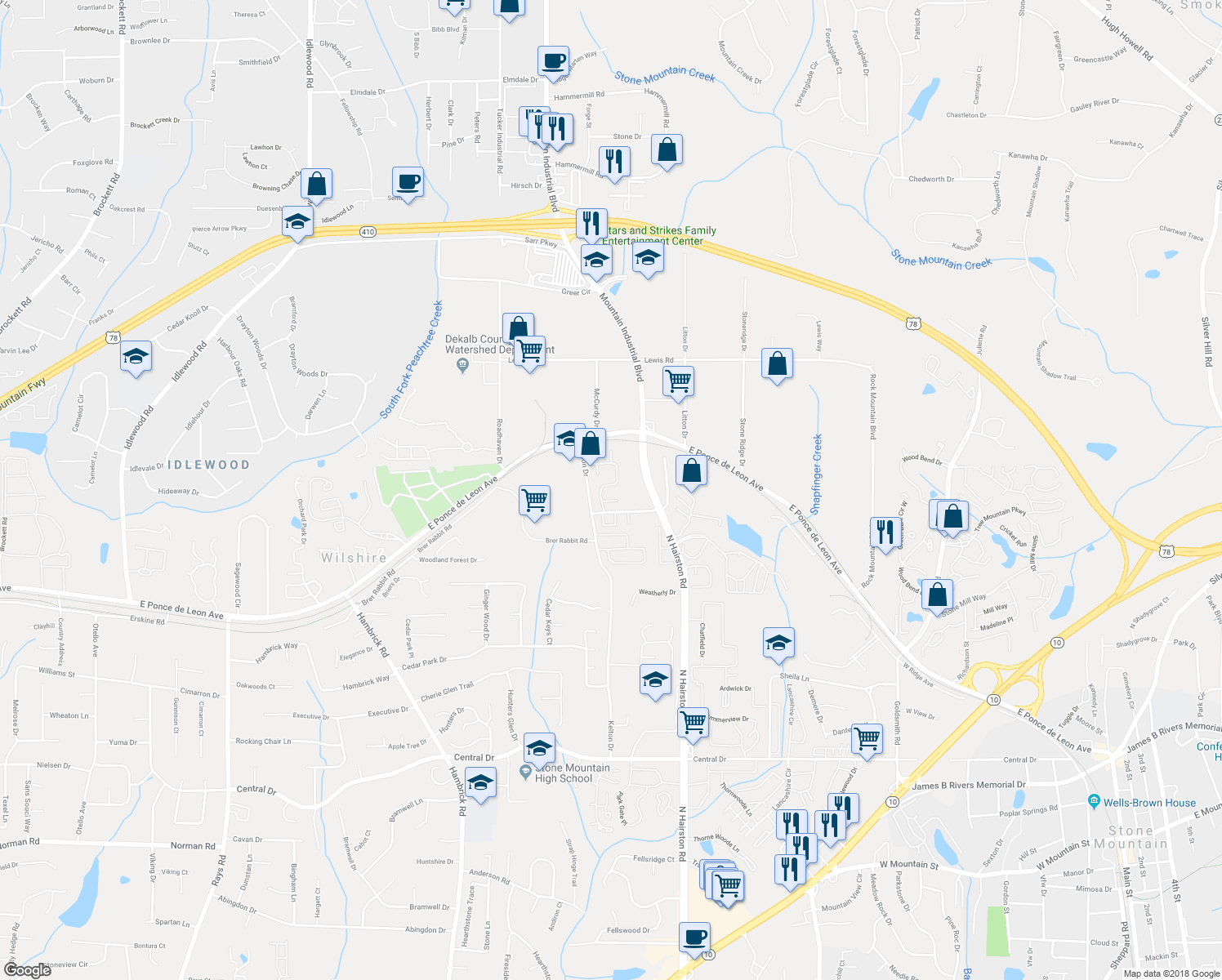 map of restaurants, bars, coffee shops, grocery stores, and more near 1486 Inverness Drive in Stone Mountain