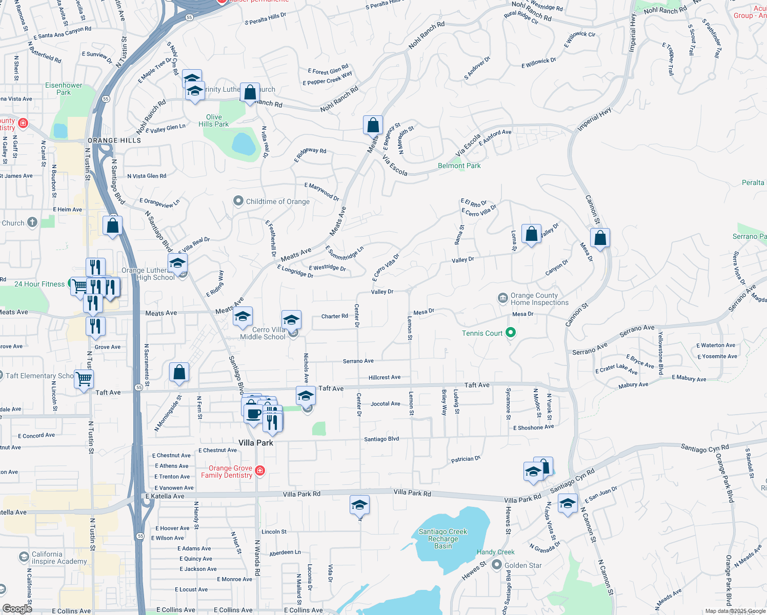 map of restaurants, bars, coffee shops, grocery stores, and more near 9571 James Circle in Villa Park