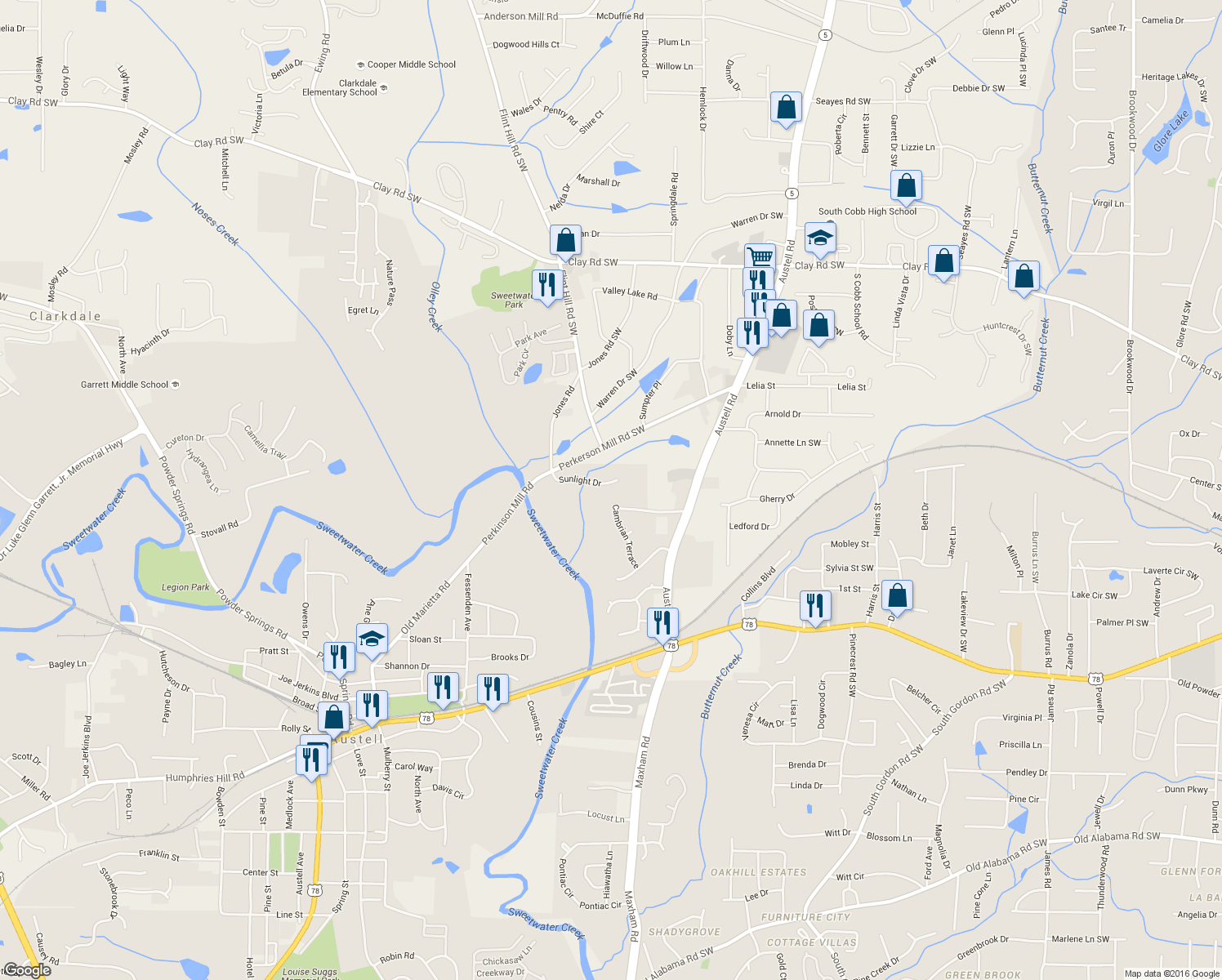 map of restaurants, bars, coffee shops, grocery stores, and more near 3115 Sunlight Dr in Austell