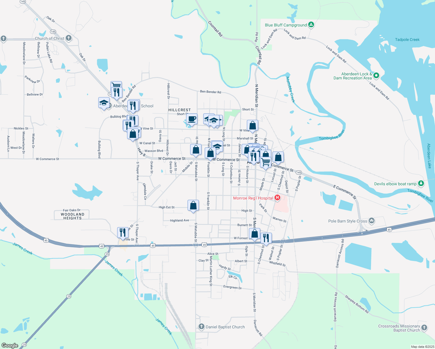 map of restaurants, bars, coffee shops, grocery stores, and more near 506 W Jefferson St in Aberdeen