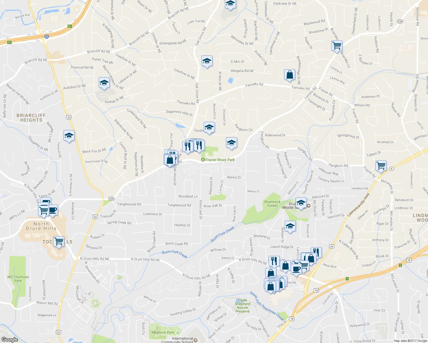 map of restaurants, bars, coffee shops, grocery stores, and more near 1473 Leafview Road in Decatur
