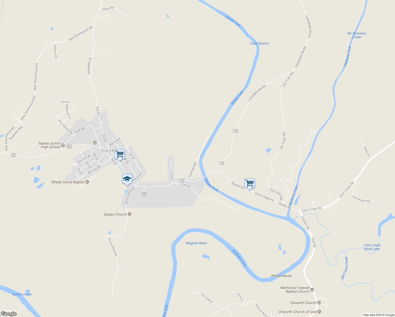 map of restaurants, bars, coffee shops, grocery stores, and more near 5163 Sipsey Bridge in Jasper