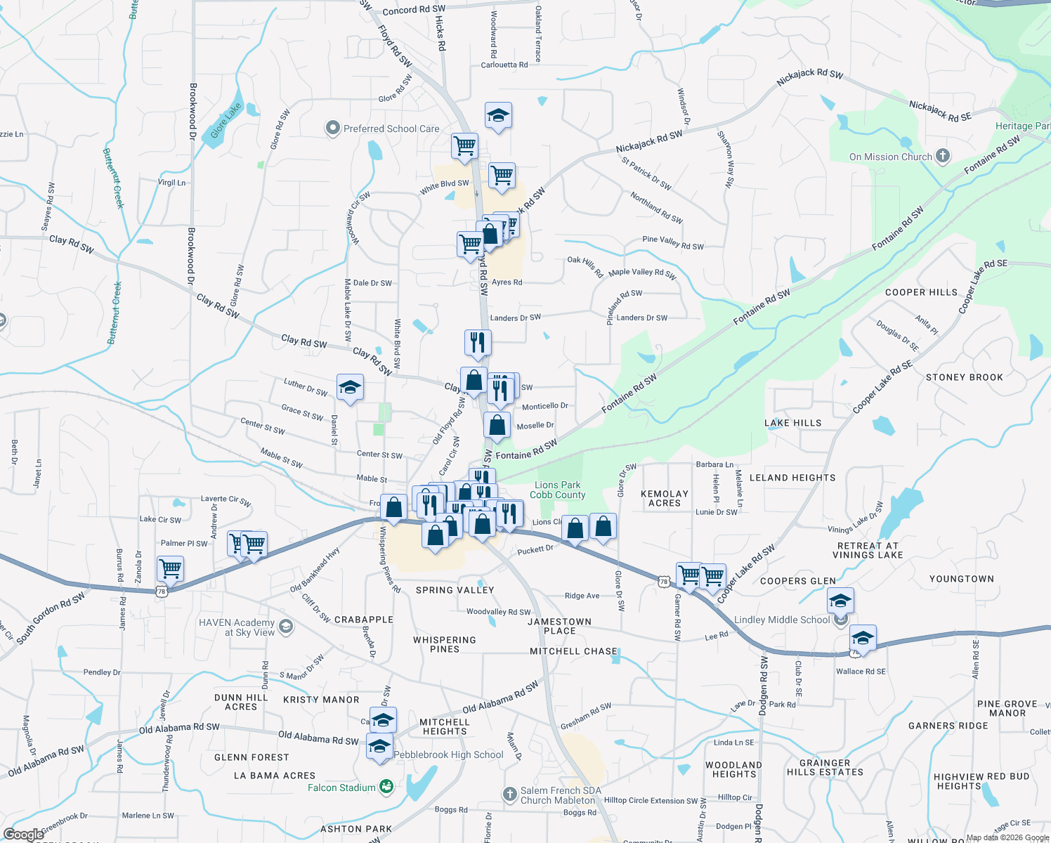 map of restaurants, bars, coffee shops, grocery stores, and more near 642-652 Moselle Drive in Mableton
