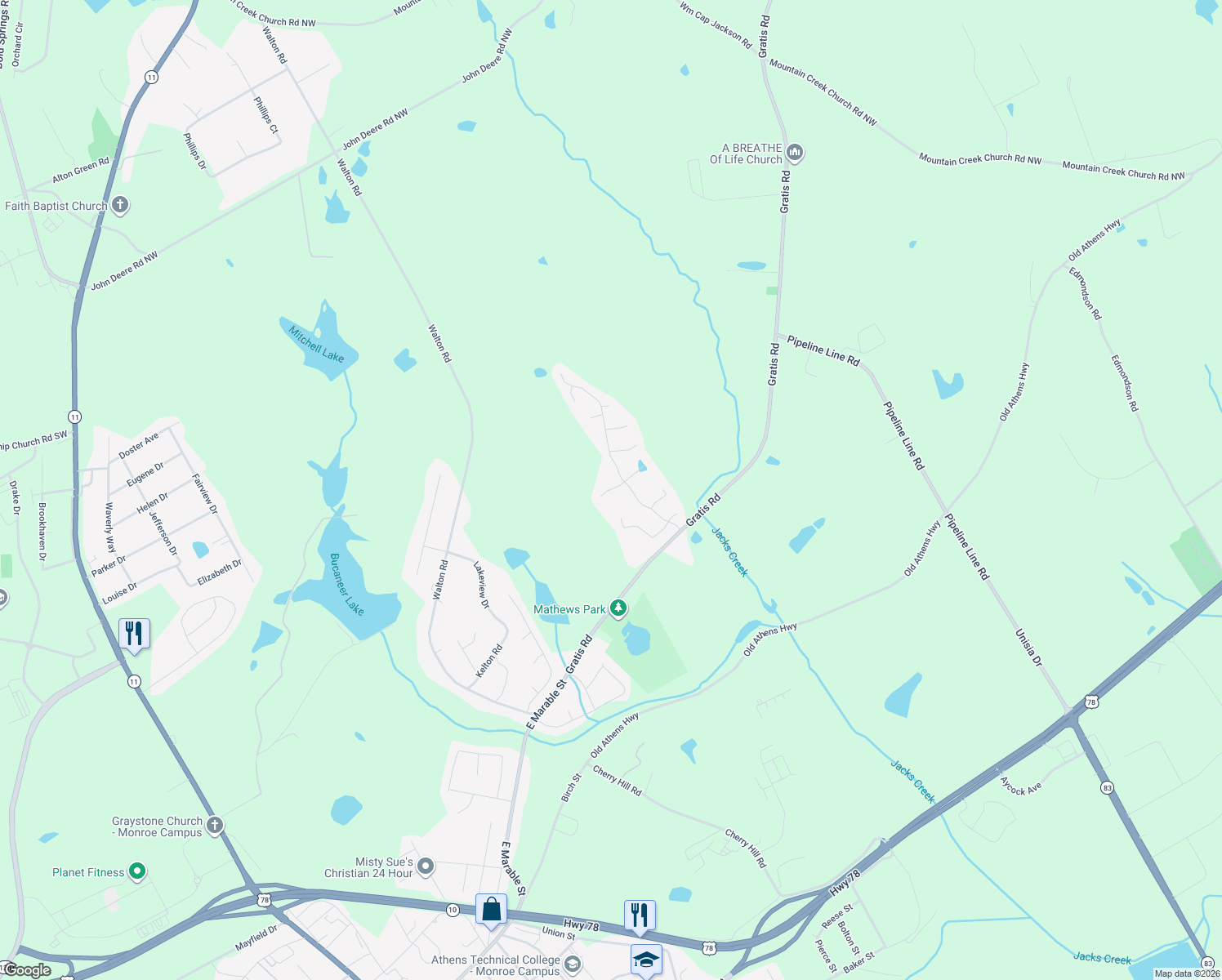 map of restaurants, bars, coffee shops, grocery stores, and more near 814 Rosewood Ln in Monroe