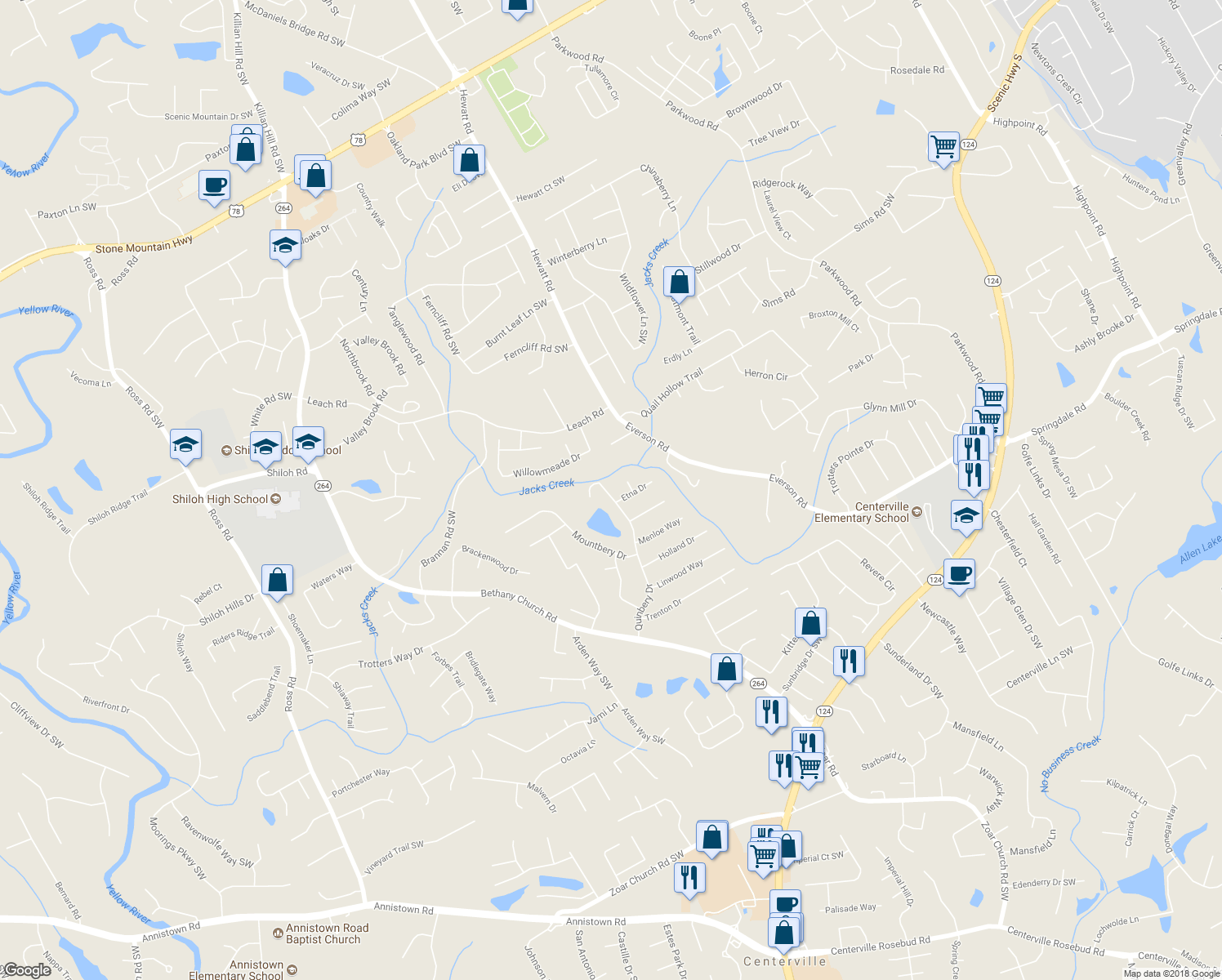 map of restaurants, bars, coffee shops, grocery stores, and more near 2816 Quinbery Drive in Snellville