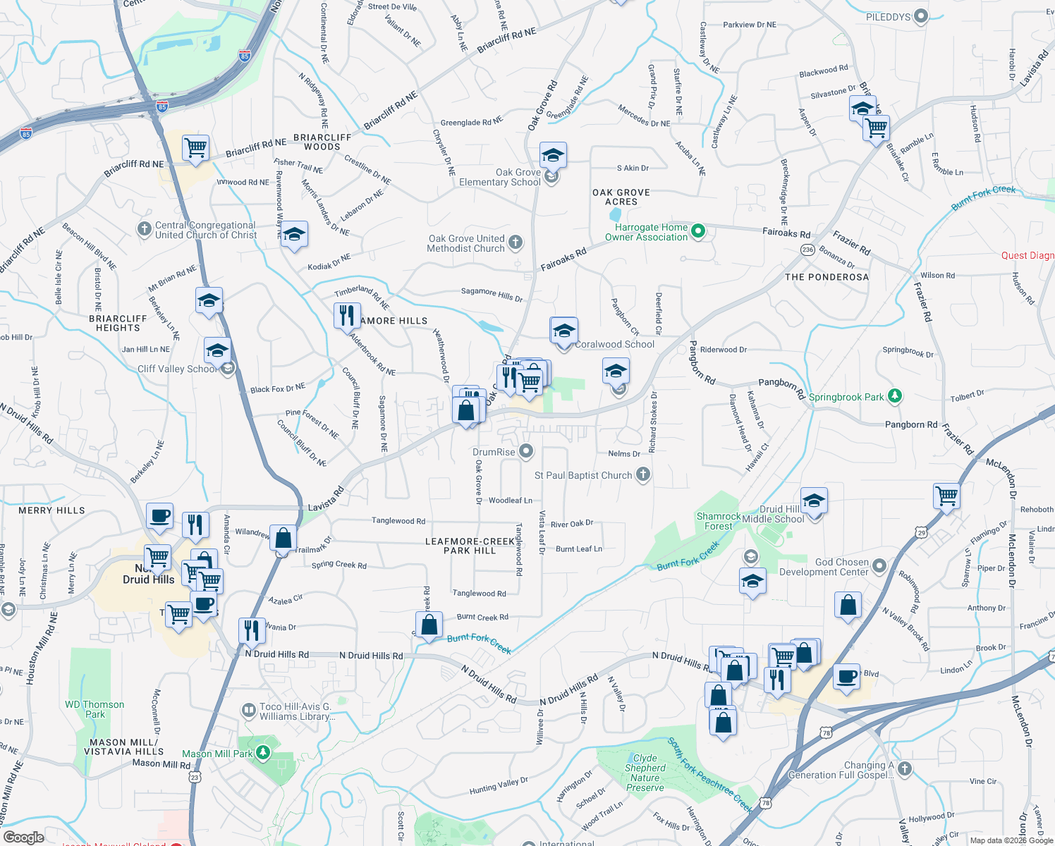 map of restaurants, bars, coffee shops, grocery stores, and more near 1482 Leafmore Pl in Decatur