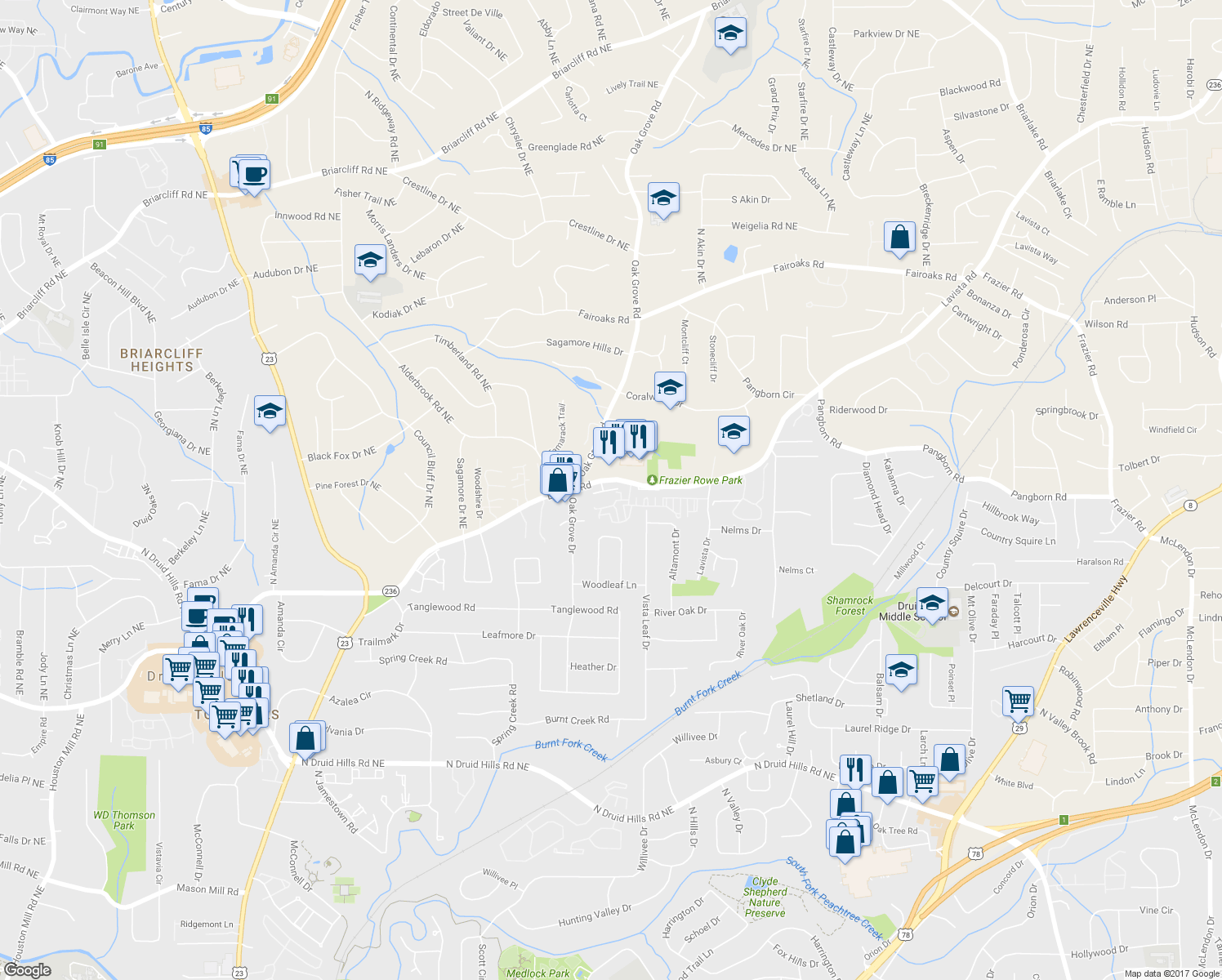 map of restaurants, bars, coffee shops, grocery stores, and more near 2464 Oak Grove Vista in Decatur