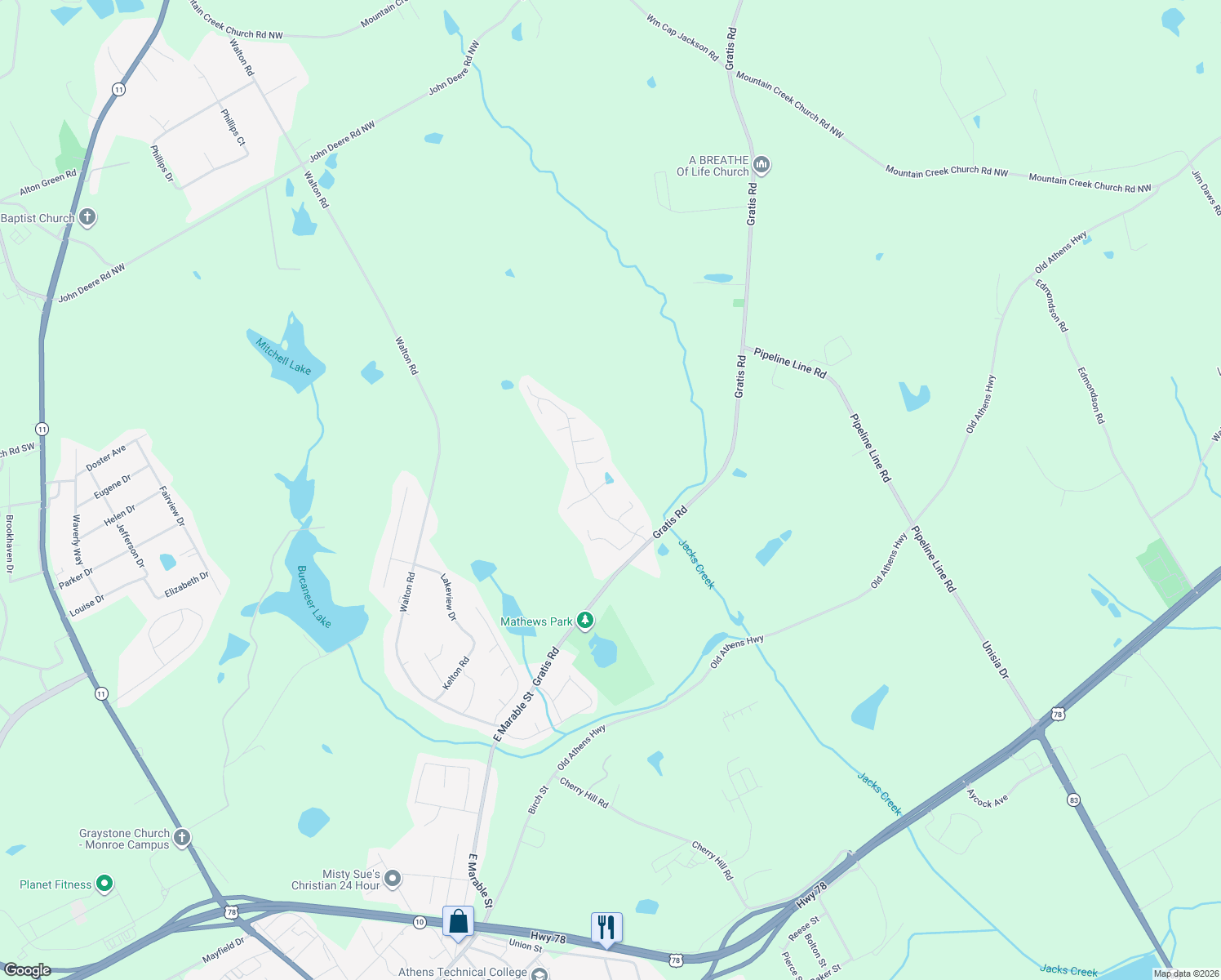 map of restaurants, bars, coffee shops, grocery stores, and more near 912 Rosewood Lane in Monroe