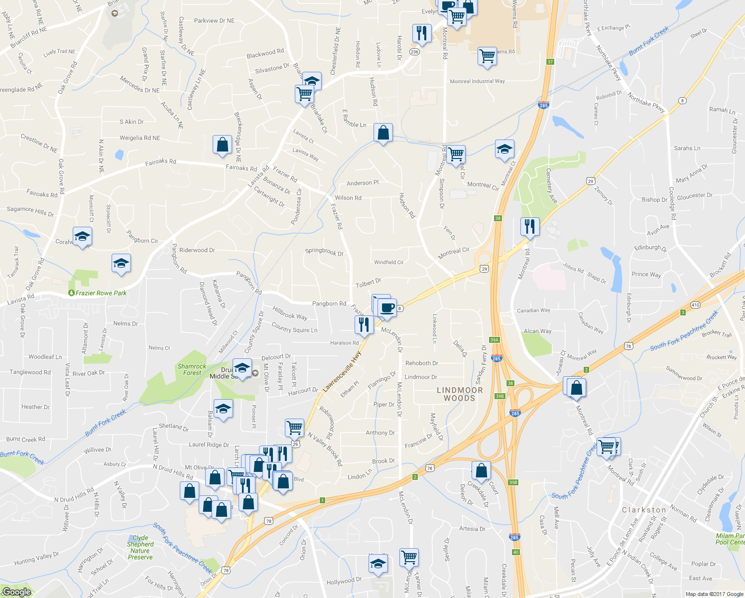 map of restaurants, bars, coffee shops, grocery stores, and more near 3120 Frazier Walk in Decatur