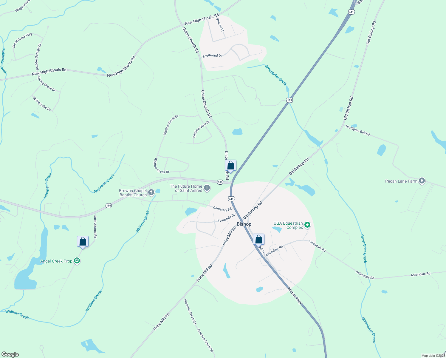 map of restaurants, bars, coffee shops, grocery stores, and more near 6301 High Shoals Road in Bishop