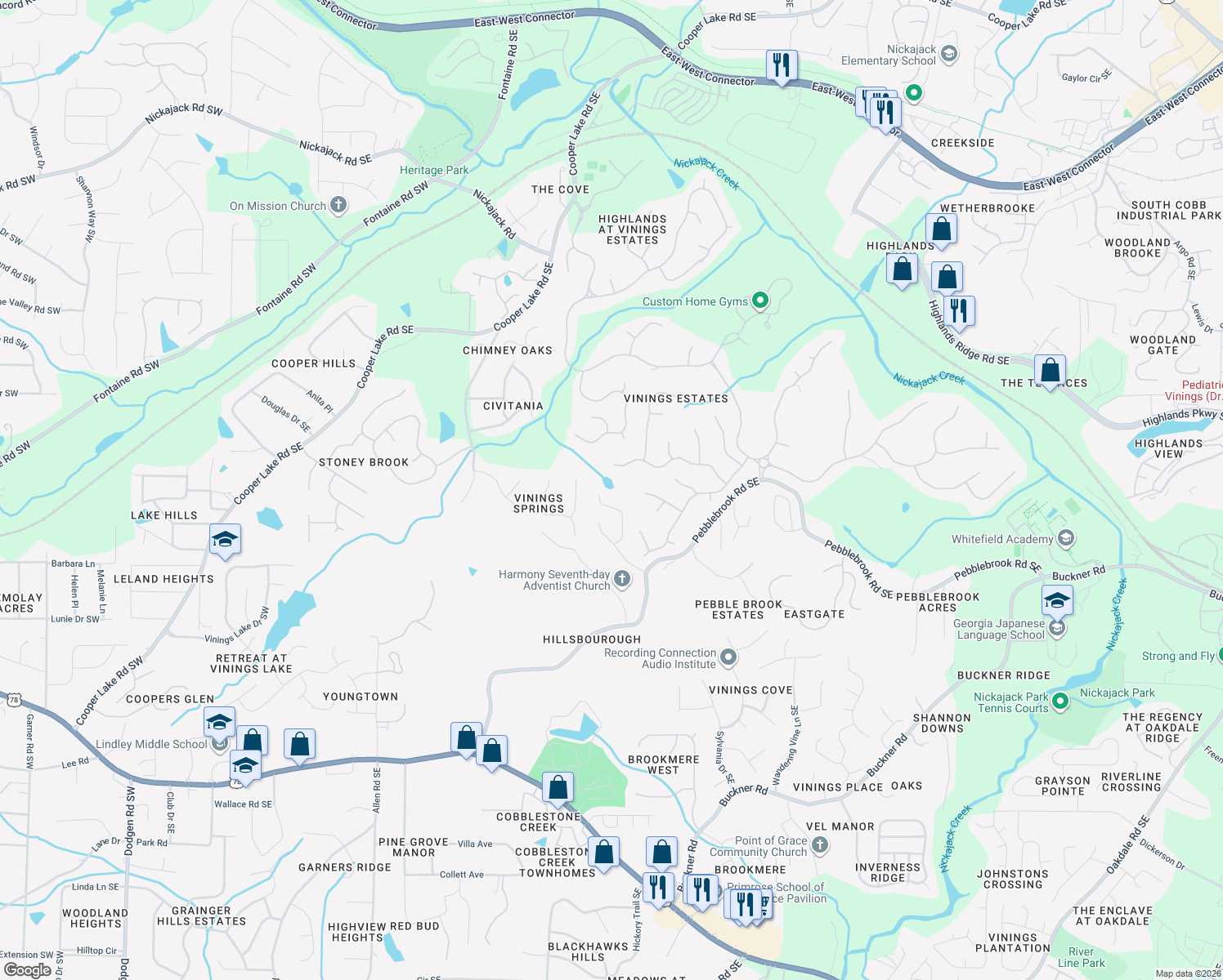 map of restaurants, bars, coffee shops, grocery stores, and more near 5350 Pebblebrook Lane Southeast in Mableton