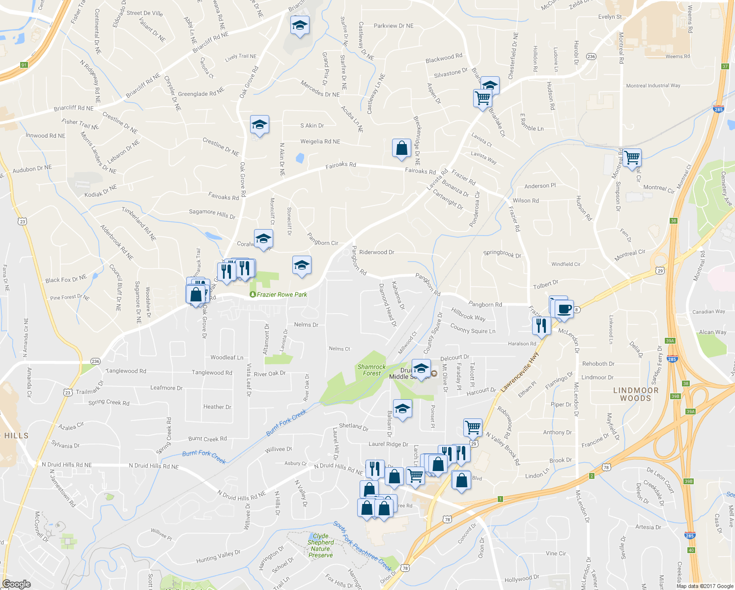 map of restaurants, bars, coffee shops, grocery stores, and more near 1537 Diamond Head Circle in Decatur