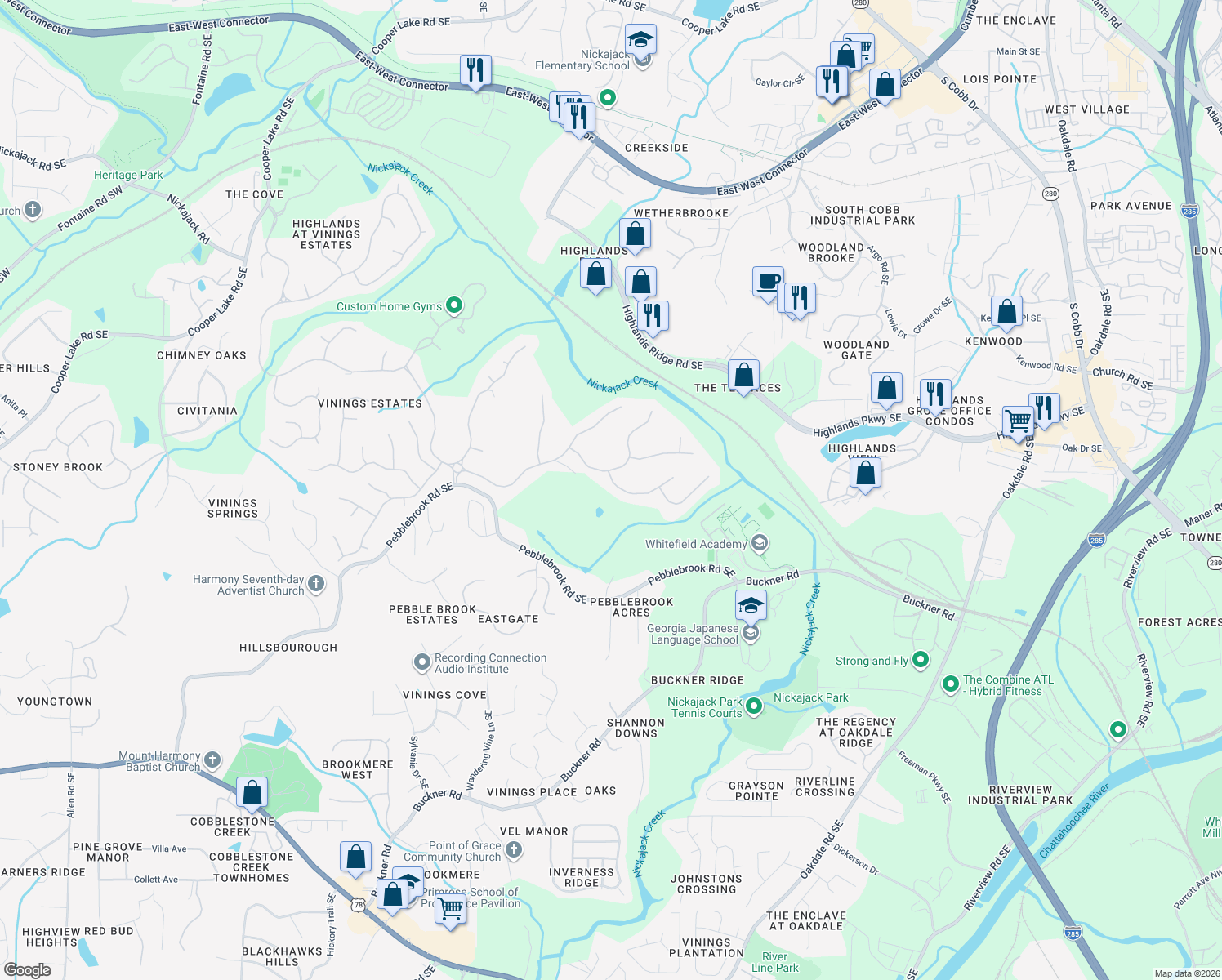 map of restaurants, bars, coffee shops, grocery stores, and more near 1304 Glen Cedars Drive in Mableton