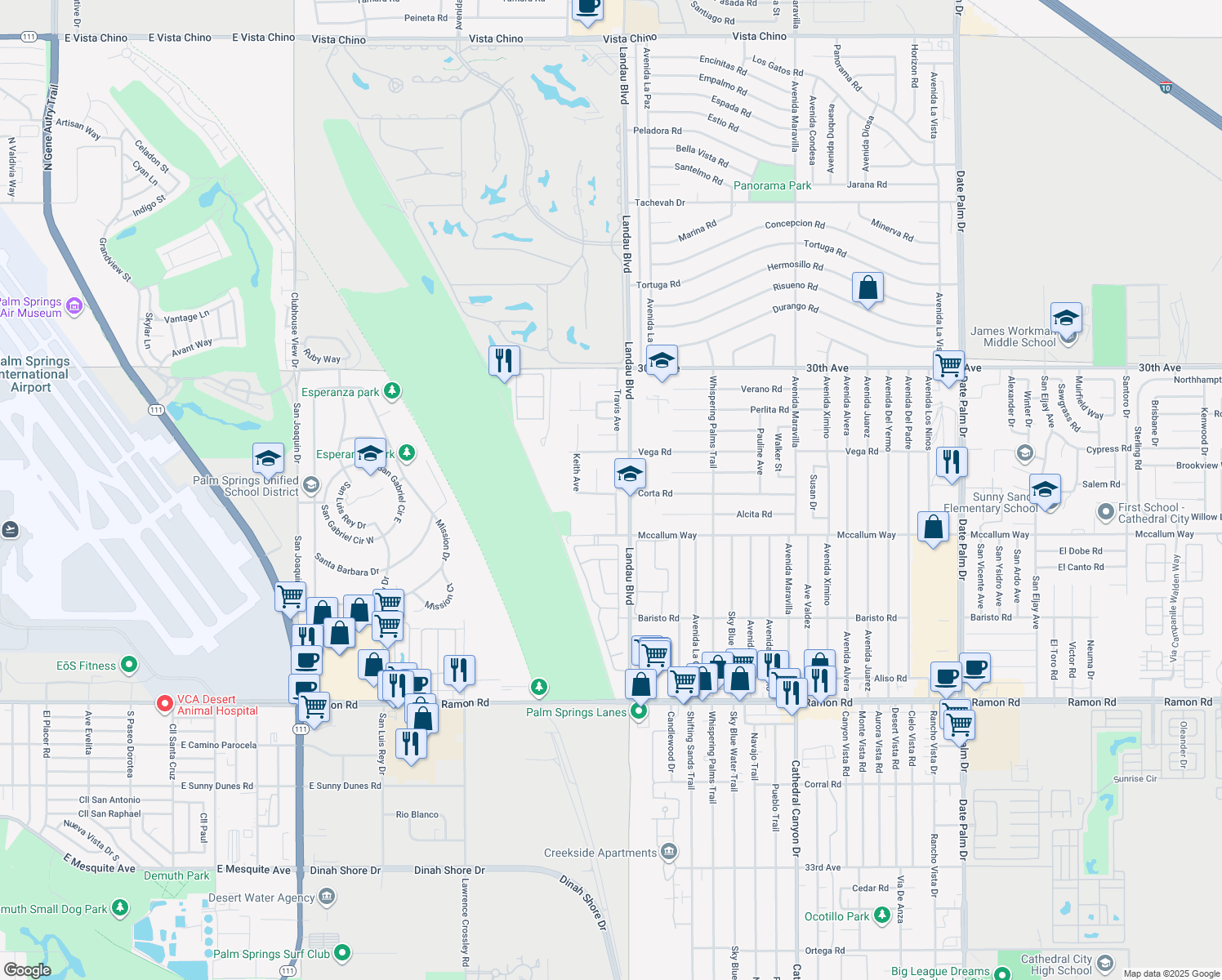 map of restaurants, bars, coffee shops, grocery stores, and more near 30721 Peggy Way in Cathedral City