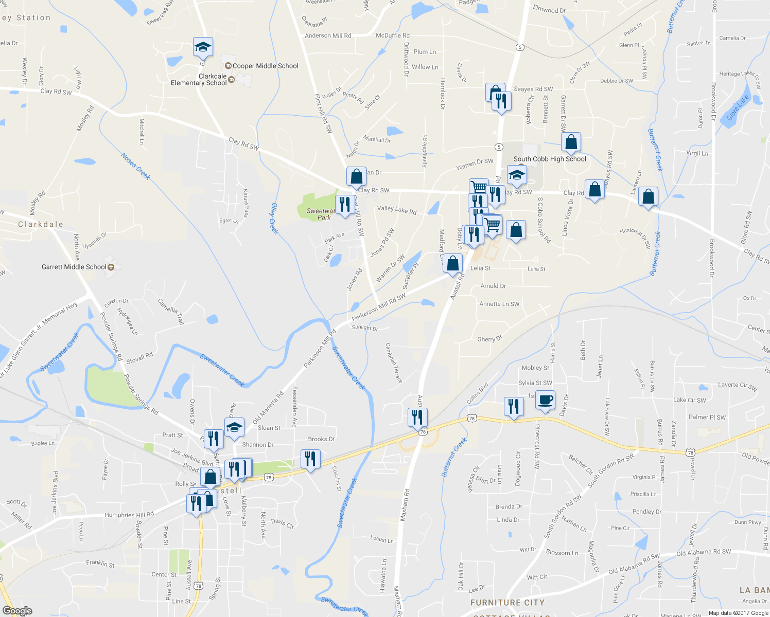 map of restaurants, bars, coffee shops, grocery stores, and more near 2281 Perkerson Mill Road Southwest in Austell