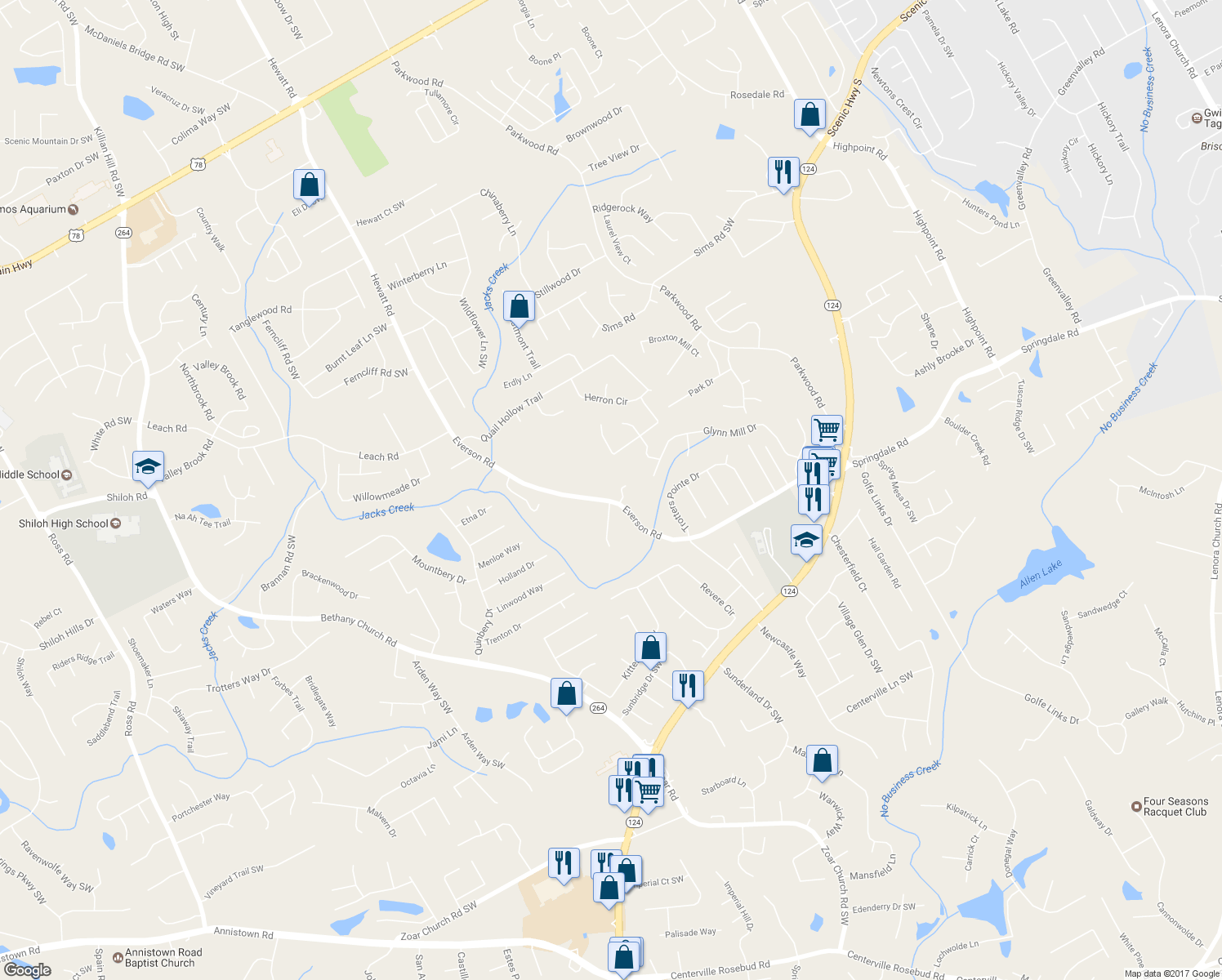 map of restaurants, bars, coffee shops, grocery stores, and more near 3619 Everson Road in Snellville