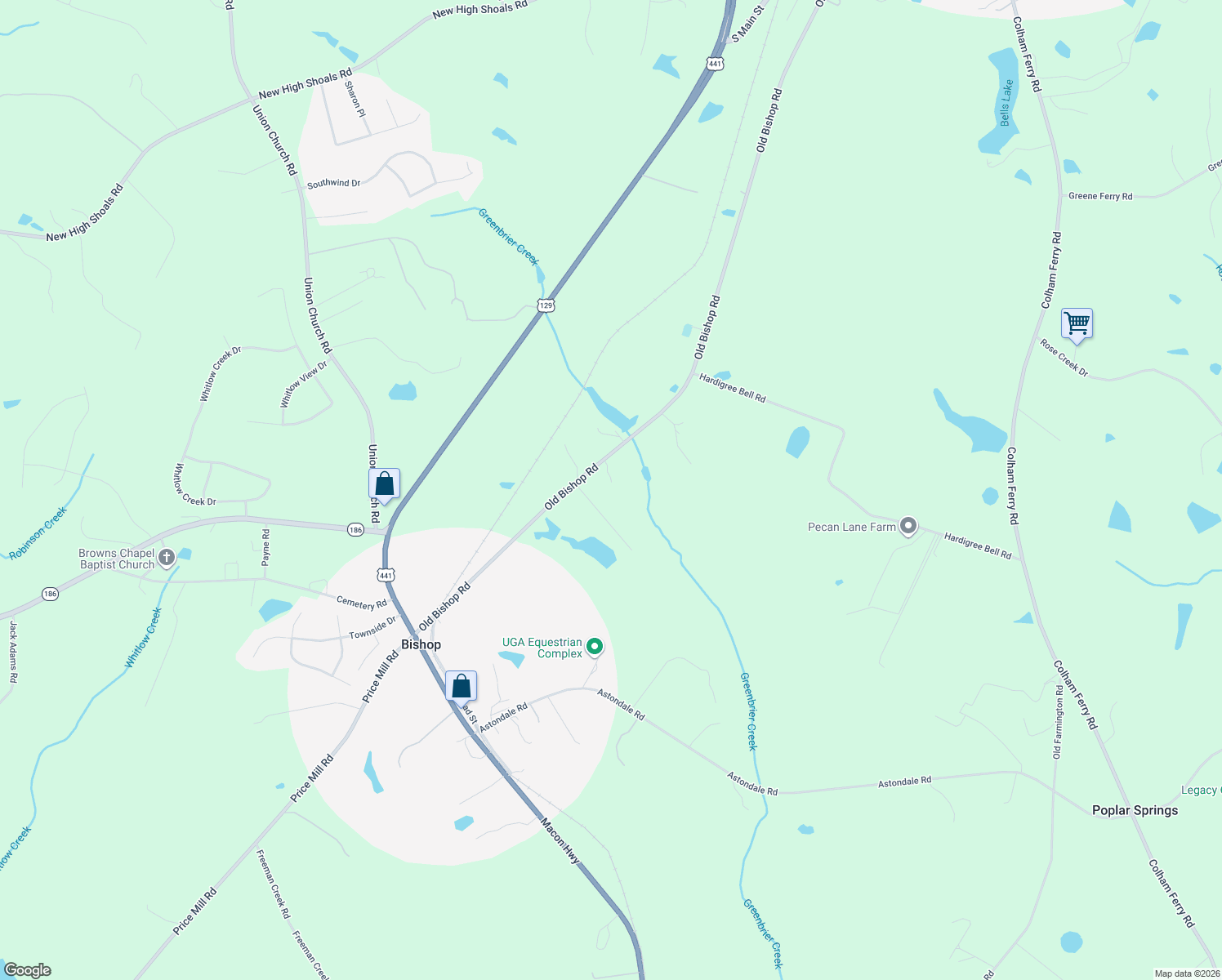 map of restaurants, bars, coffee shops, grocery stores, and more near 1410 Old Bishop Road in Bishop