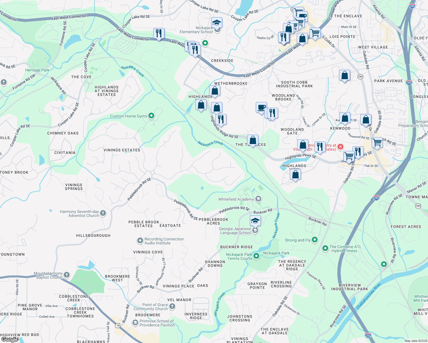 map of restaurants, bars, coffee shops, grocery stores, and more near 5123 Parkwood Oaks Lane in Mableton