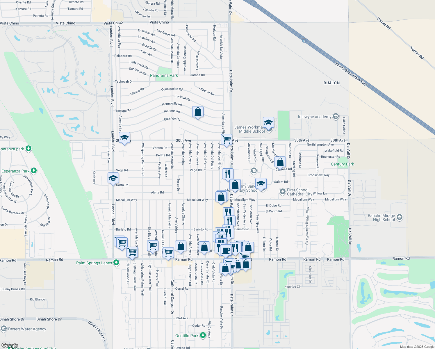 map of restaurants, bars, coffee shops, grocery stores, and more near 30551 Avenida Los Ninos in Cathedral City