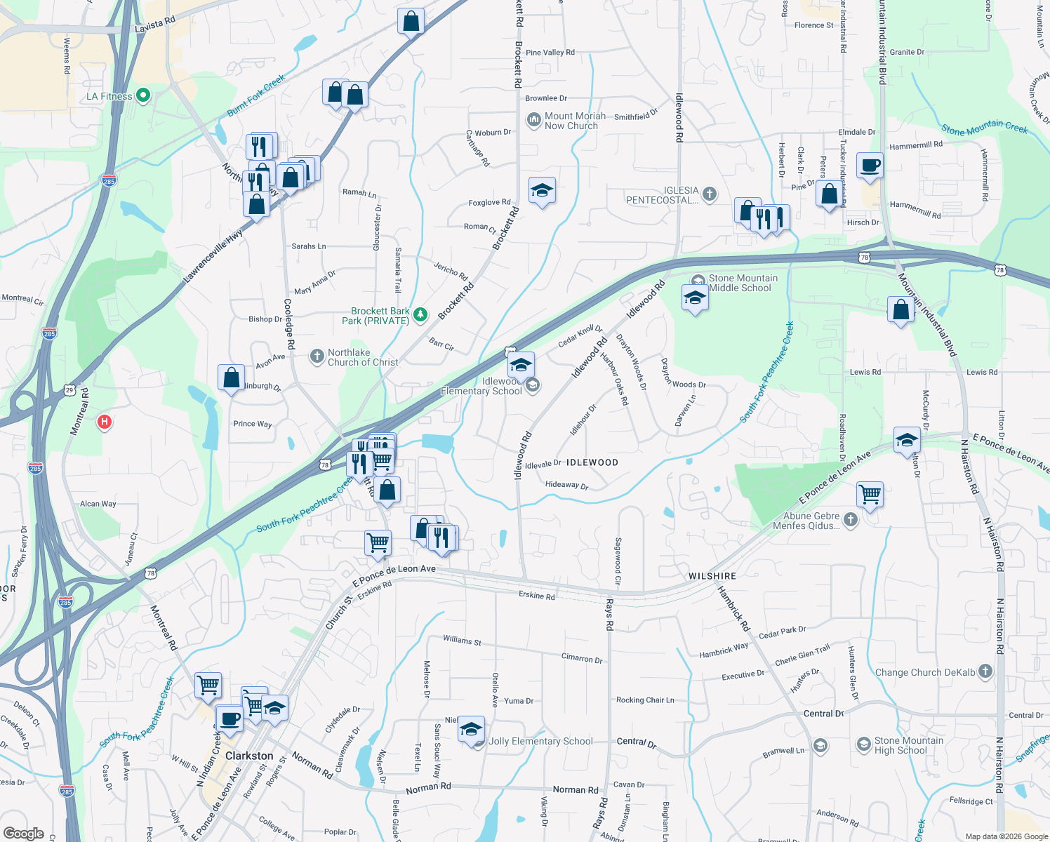 map of restaurants, bars, coffee shops, grocery stores, and more near 1462 Idlewood Road in Tucker