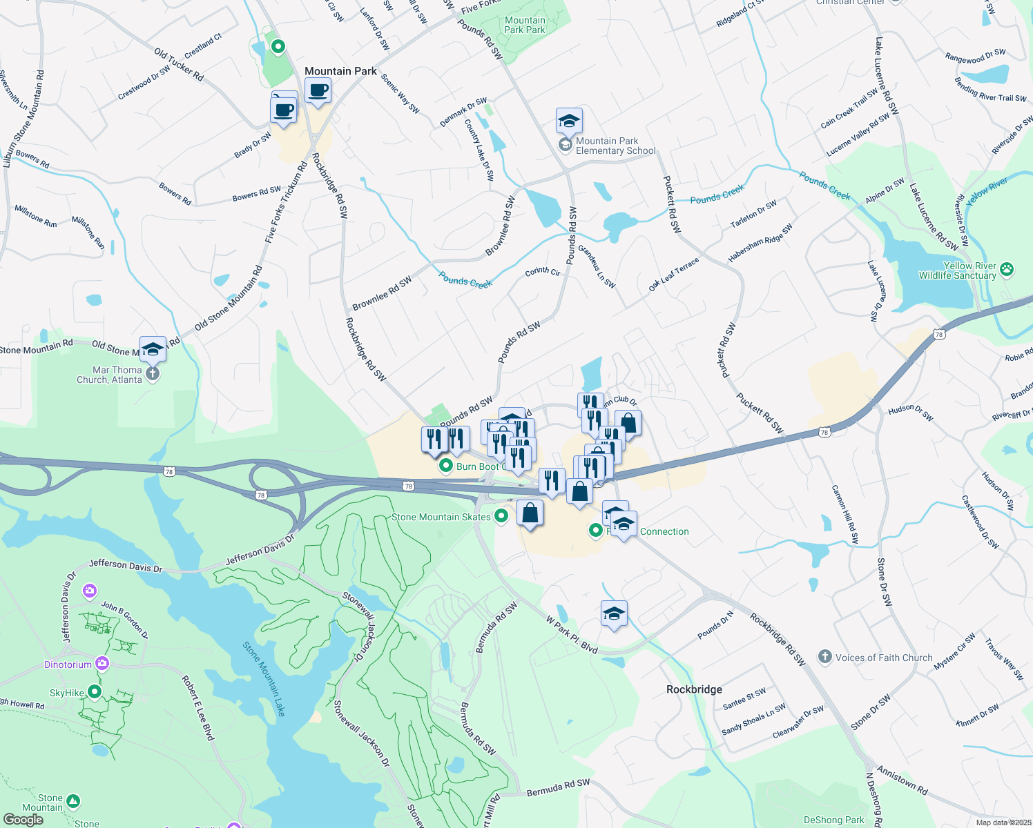 map of restaurants, bars, coffee shops, grocery stores, and more near 1755 E Park Pl Blvd in Stone Mountain