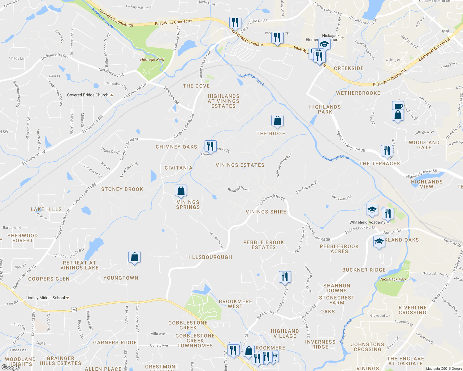 map of restaurants, bars, coffee shops, grocery stores, and more near 5129 Crescent Cove Lane in Mableton